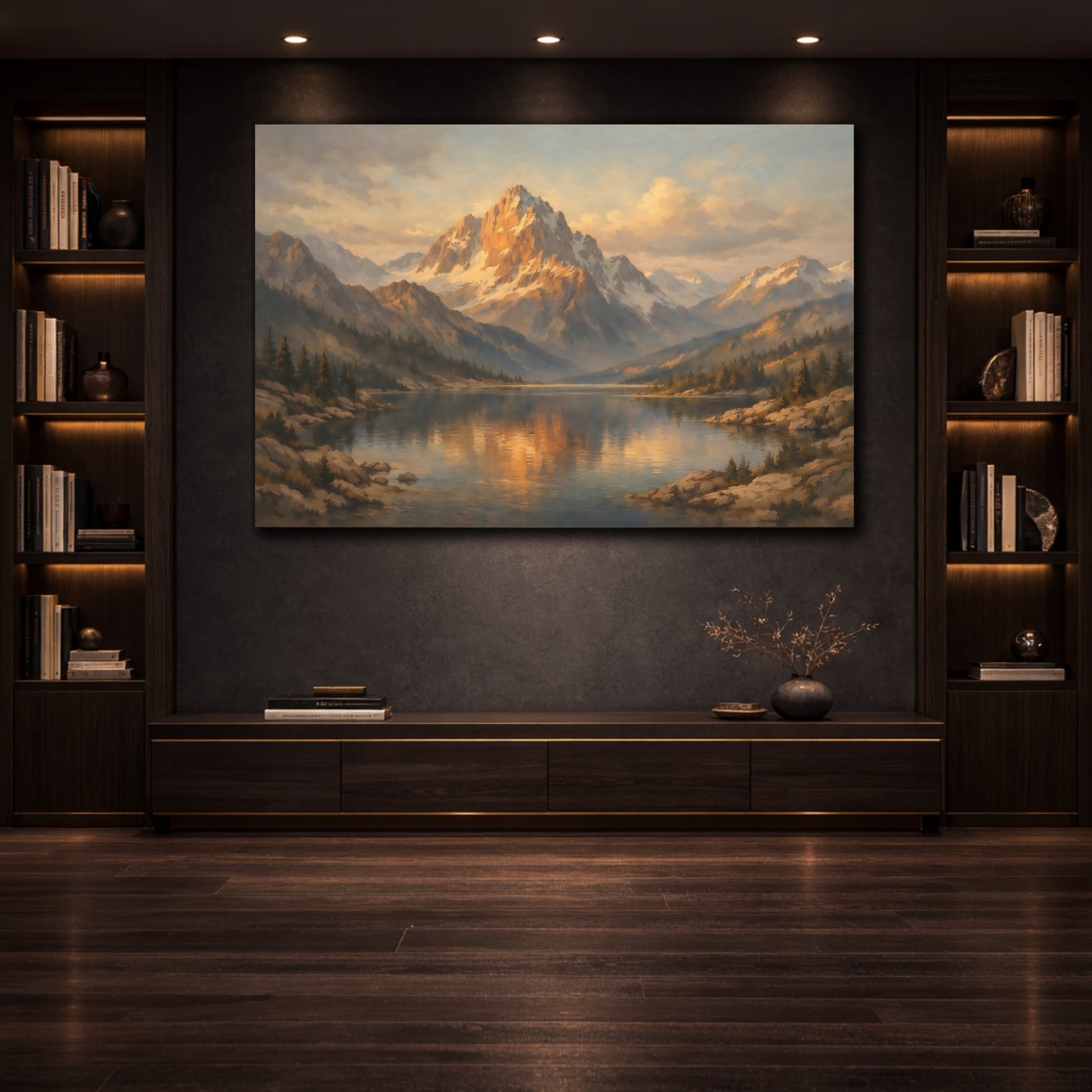 Mockup 3. Nature Mountain Lake Golden Mountain Lake shown as stretched canvas wall art