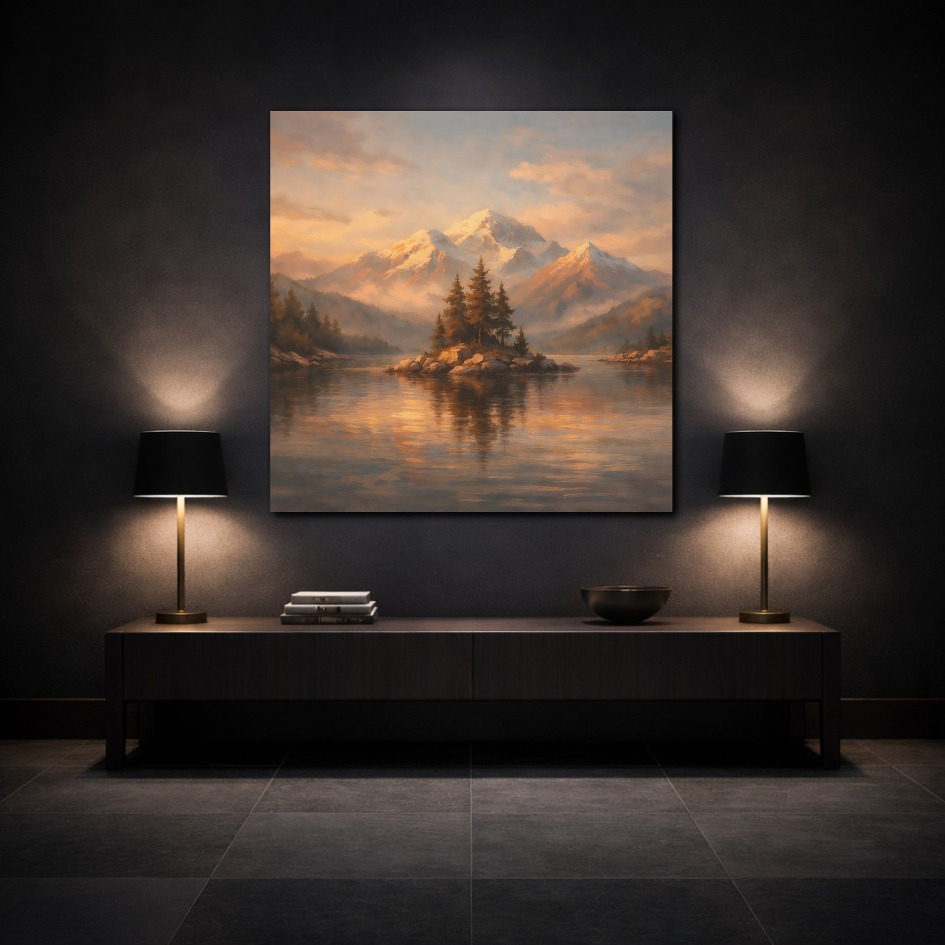 Mockup 3. Nature Mountain Lake Golden Mountain Lake shown as stretched canvas wall art