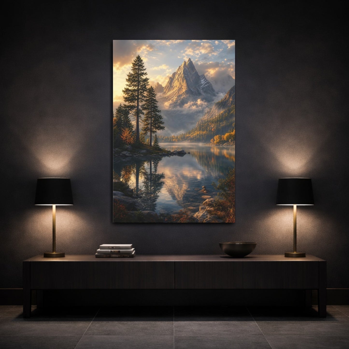 Mockup 3. Nature Mountain Lake Golden Mountain Lake shown as stretched canvas wall art