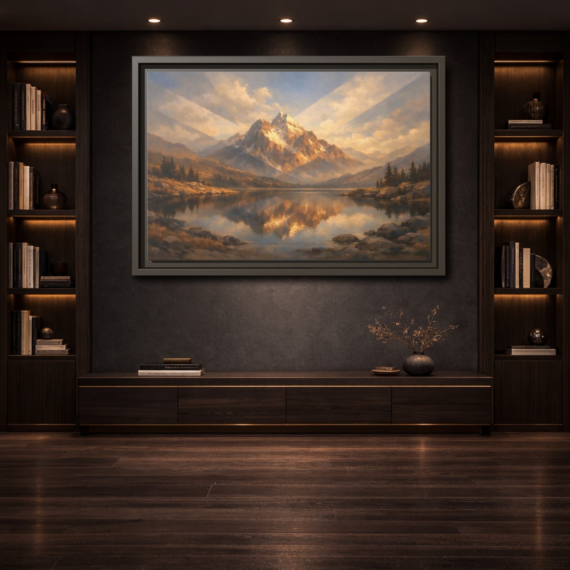 Mockup 3. Nature Mountain Lake Golden Mountain Lake shown as stretched canvas wall art