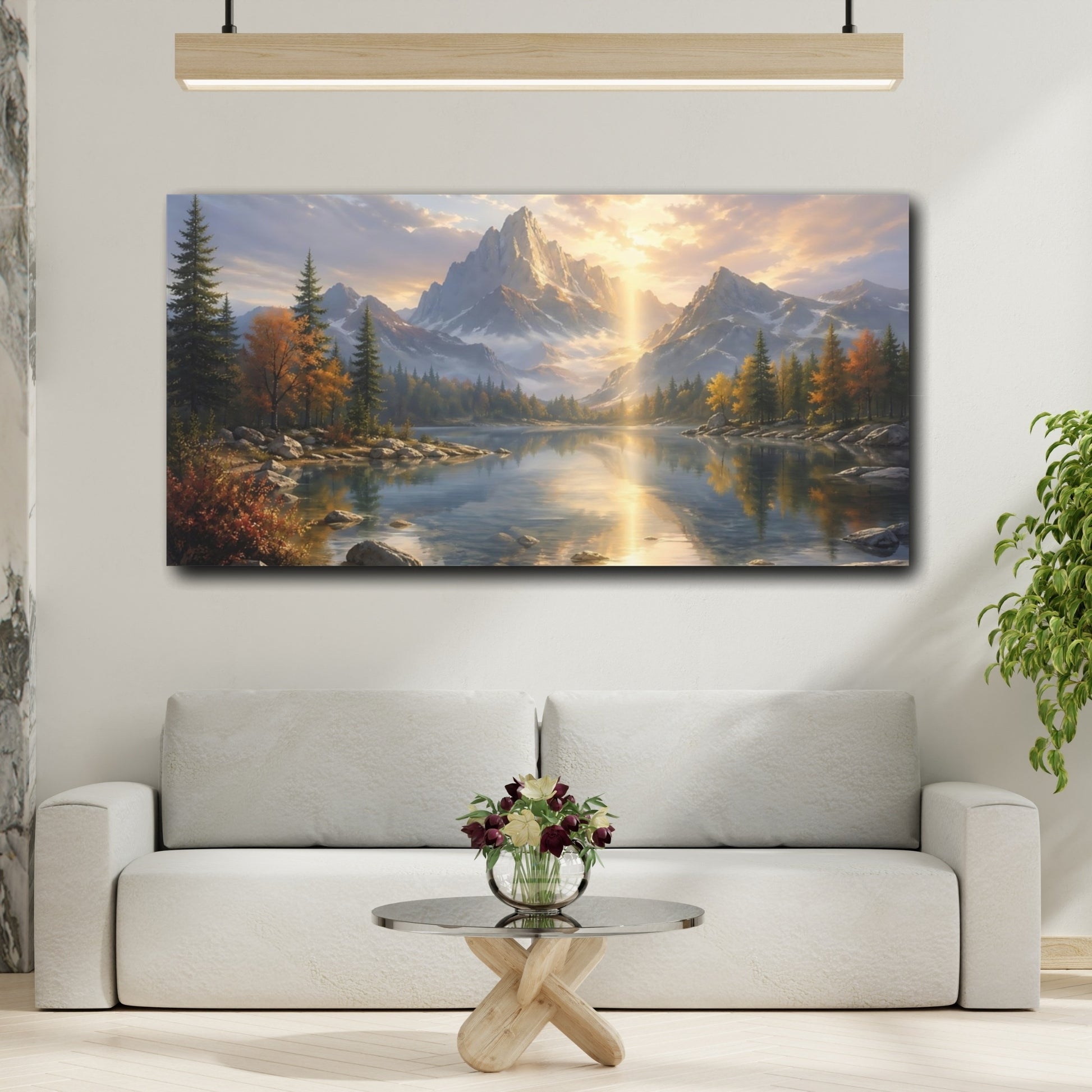 Mockup 3. Nature Mountain Lake Golden Mountain Lake shown as stretched canvas wall art