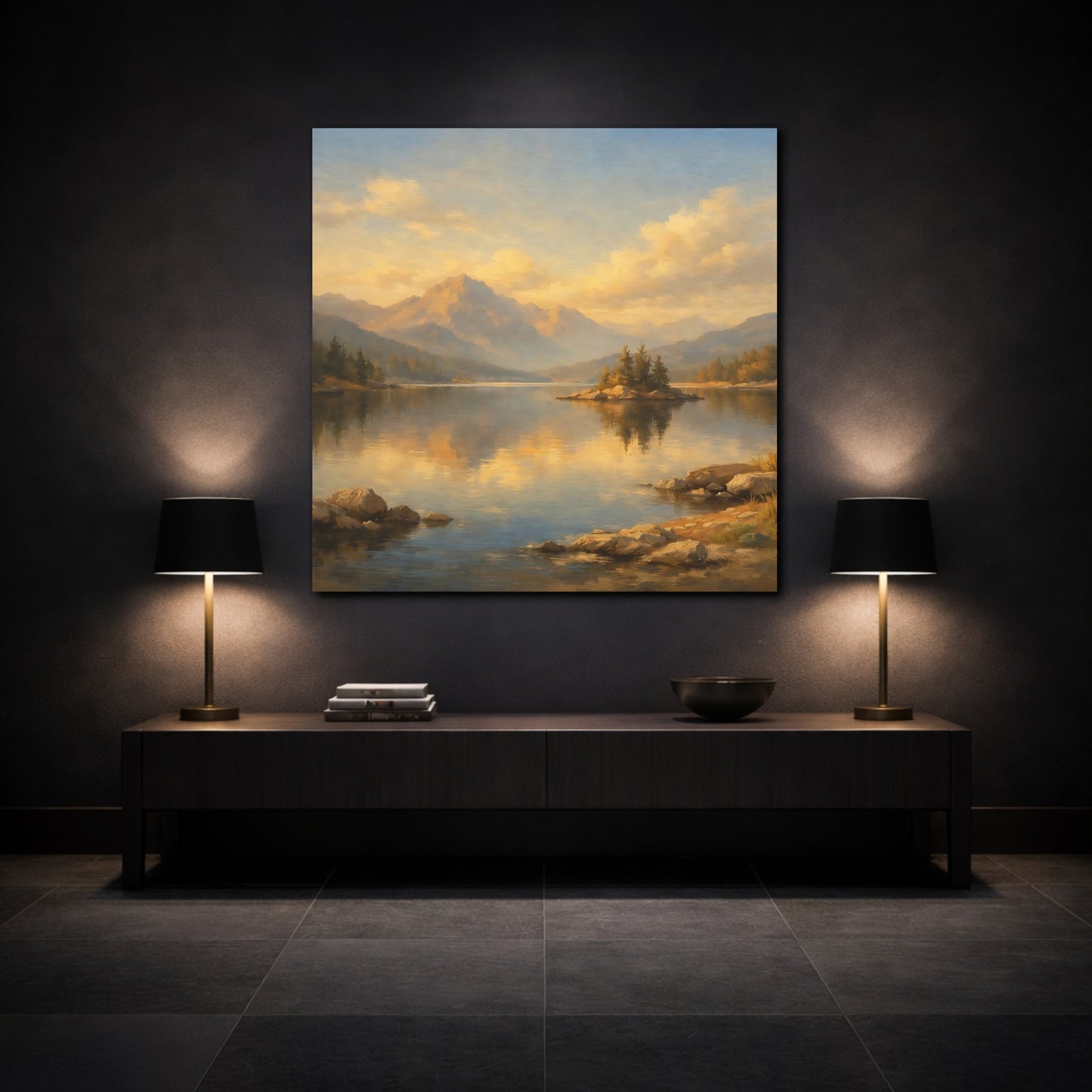 Mockup 3. Nature Mountain Lake Golden Mountain Lake shown as stretched canvas wall art