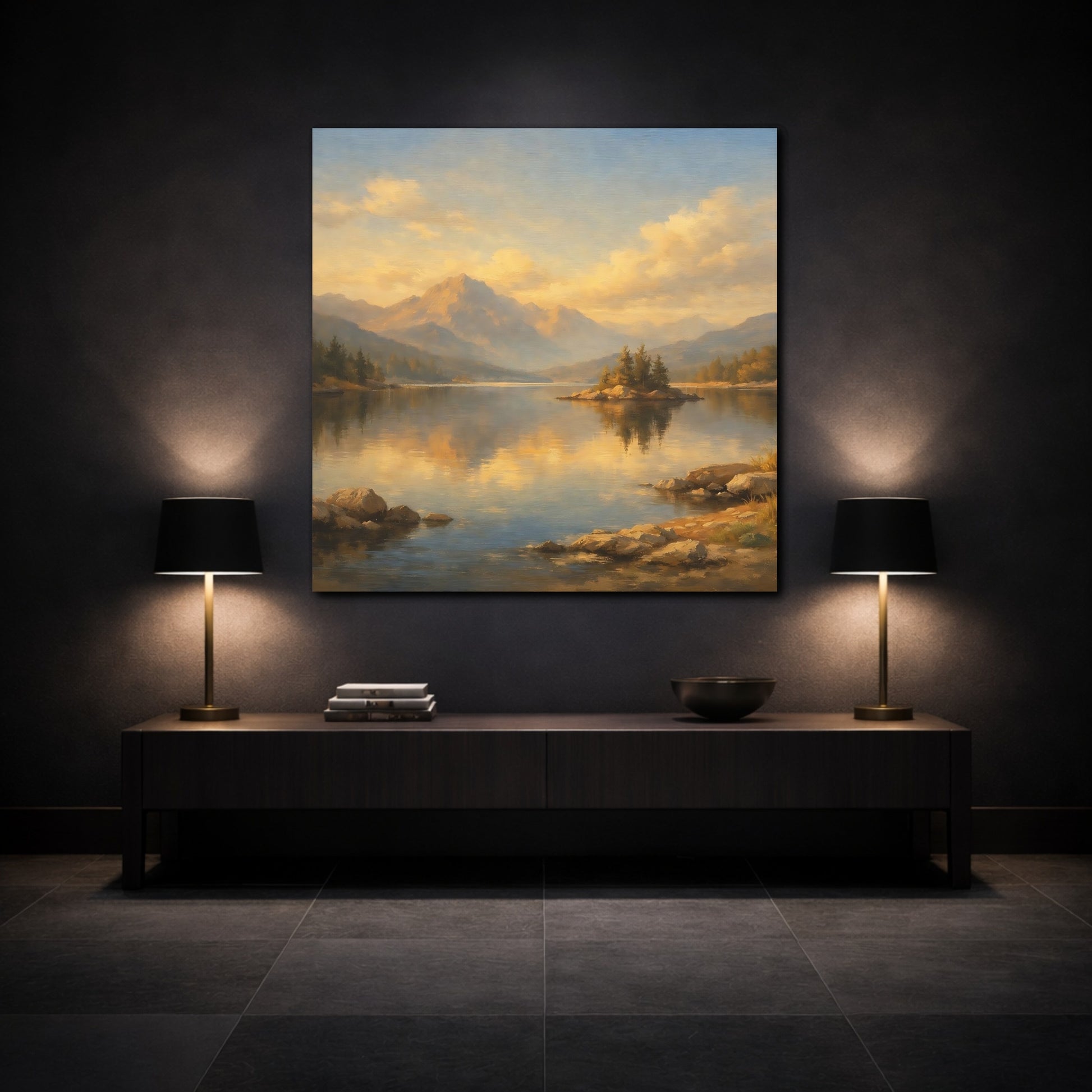 Mockup 3. Nature Mountain Lake Golden Mountain Lake shown as stretched canvas wall art