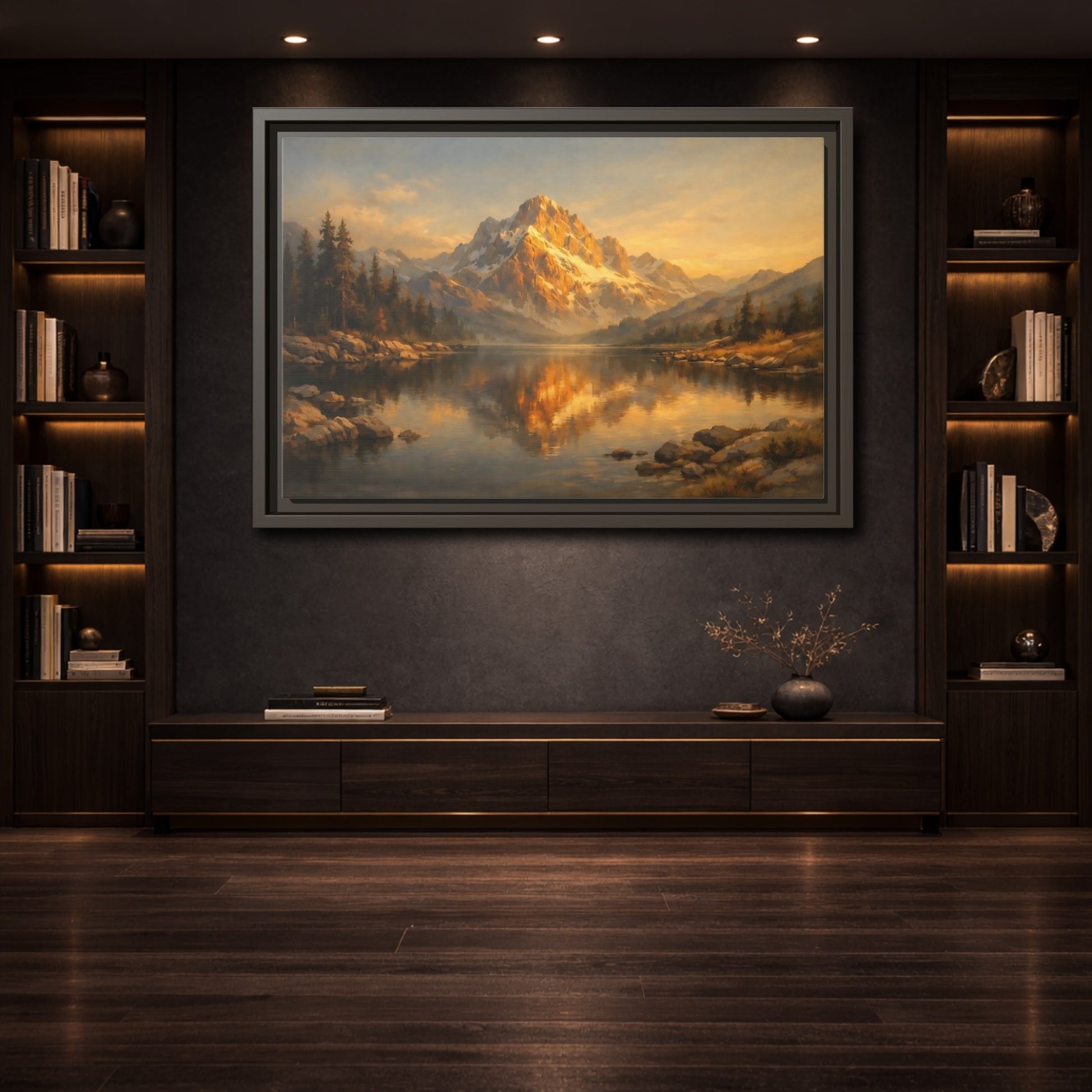 Mockup 3. Nature Mountain Lake Golden Mountain Lake shown as stretched canvas wall art