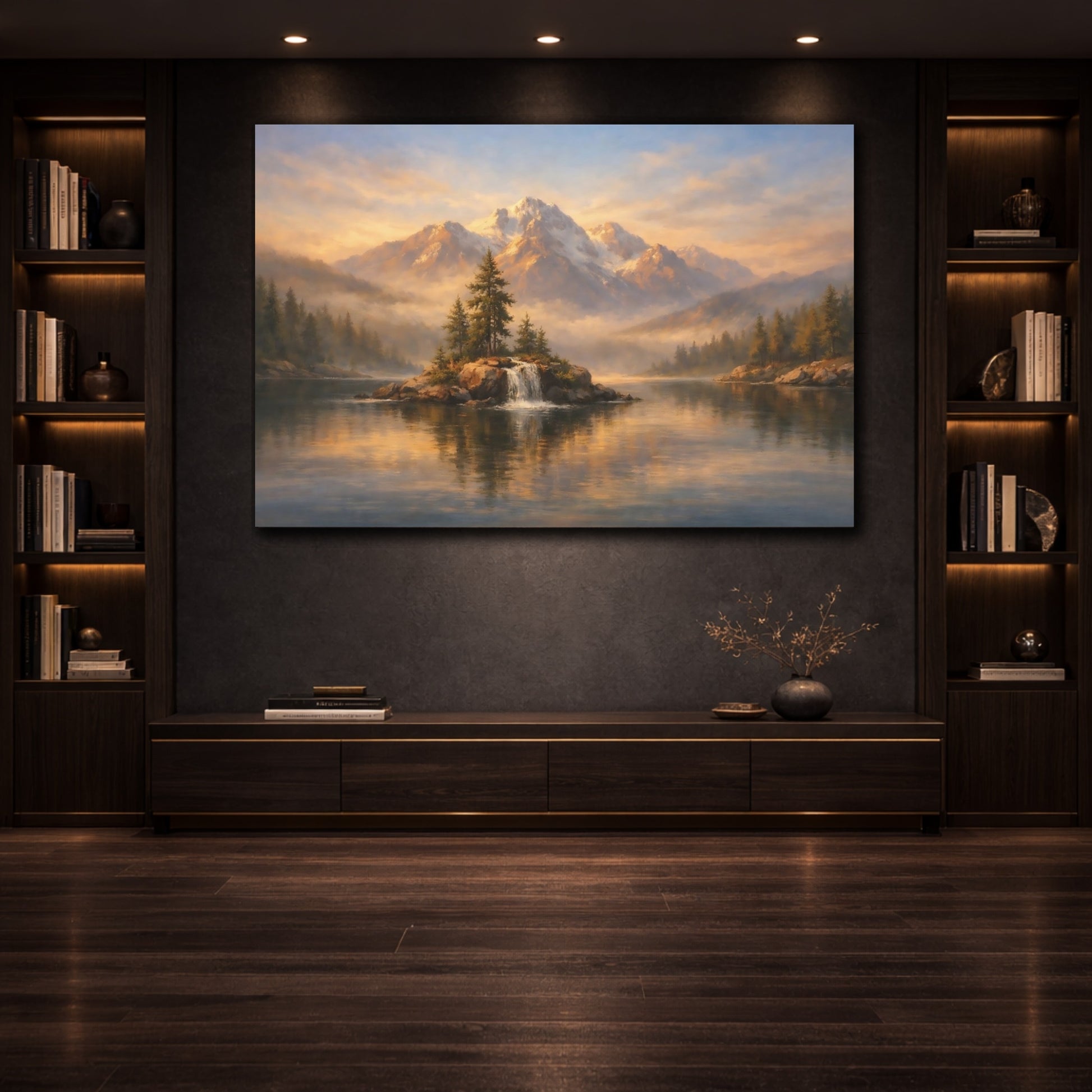 Mockup 3. Nature Mountain Lake Golden Mountain Lake shown as stretched canvas wall art