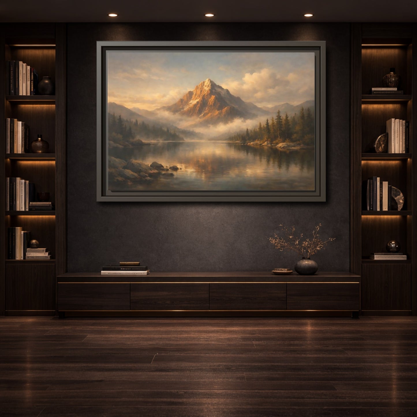 Mockup 3. Nature Mountain Lake Golden Mountain Lake shown as stretched canvas wall art