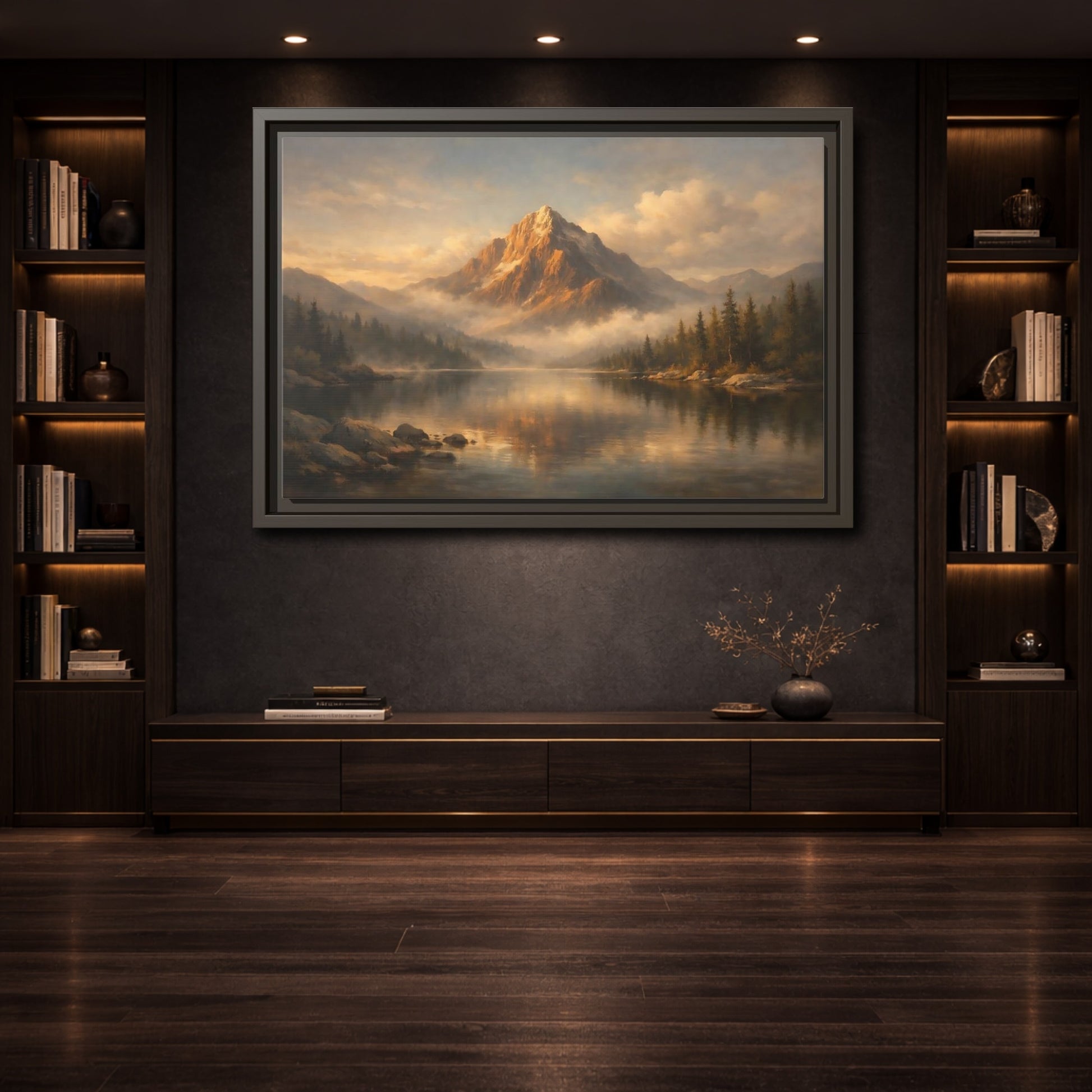 Mockup 3. Nature Mountain Lake Golden Mountain Lake shown as stretched canvas wall art