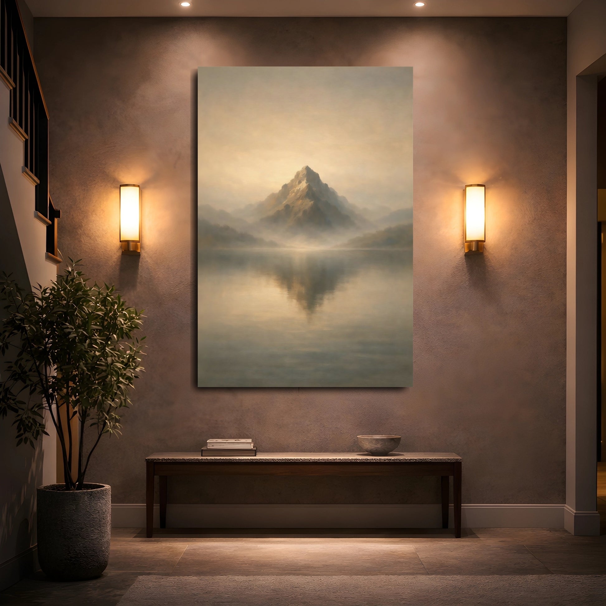 Mockup 4. Nature Mountain Lake Golden Mountain Lake shown as stretched canvas wall art