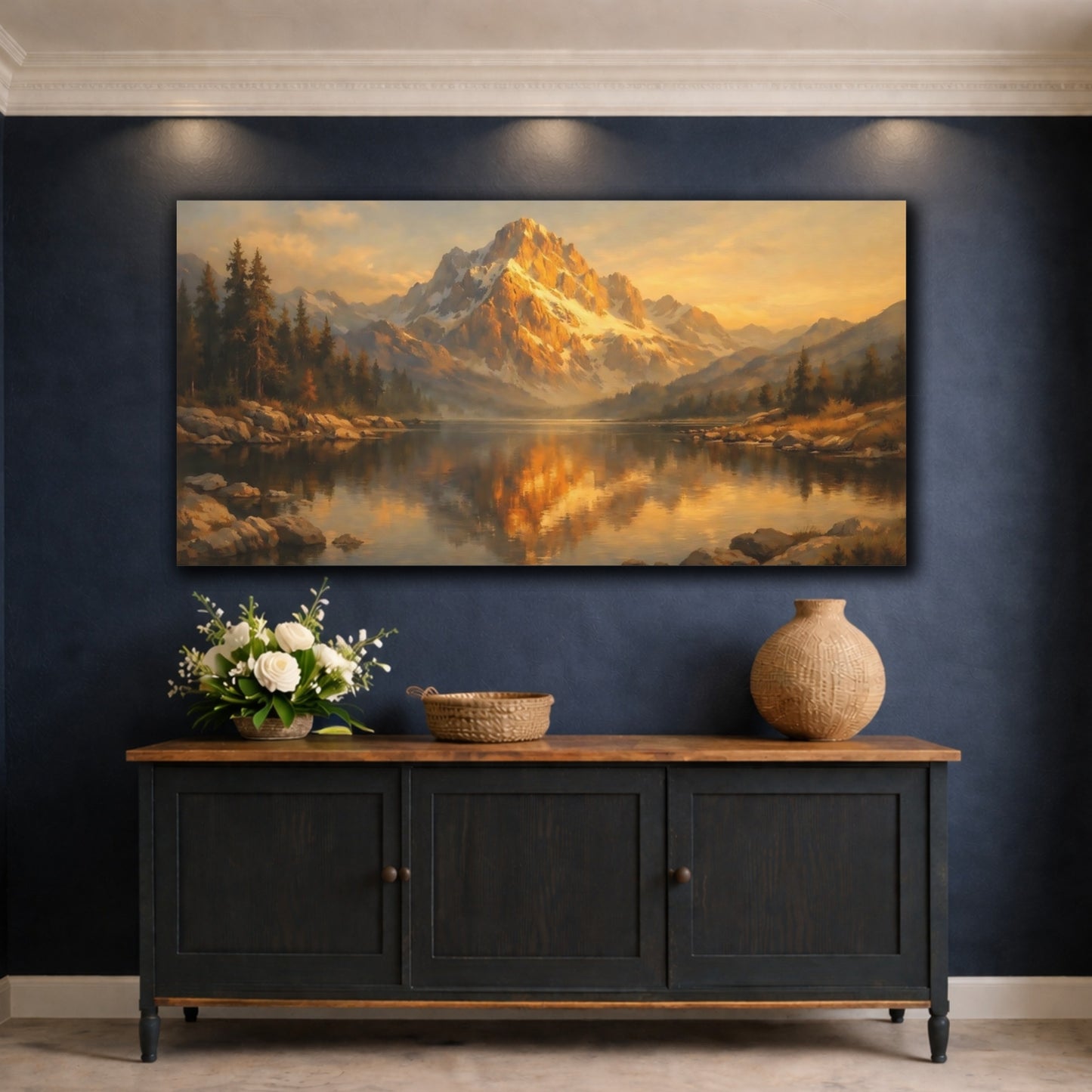 Mockup 4. Nature Mountain Lake Golden Mountain Lake shown as stretched canvas wall art
