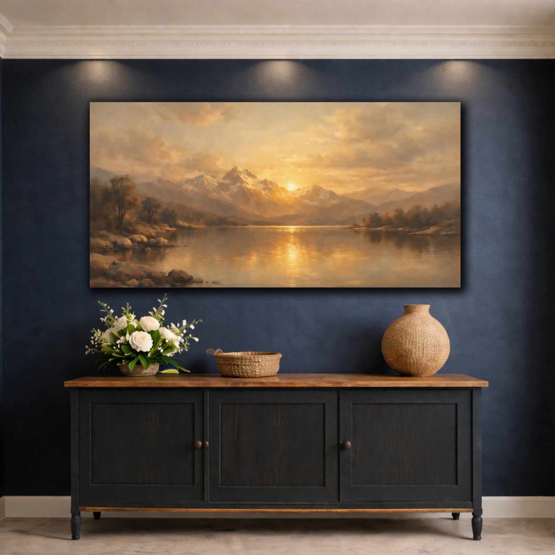 Mockup 4. Nature Mountain Lake Golden Mountain Lake shown as stretched canvas wall art