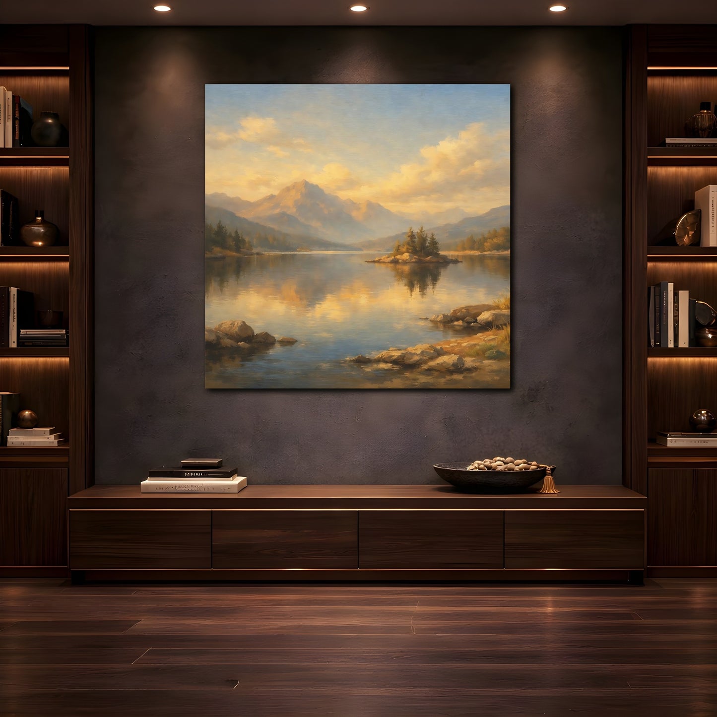 Mockup 4. Nature Mountain Lake Golden Mountain Lake shown as stretched canvas wall art