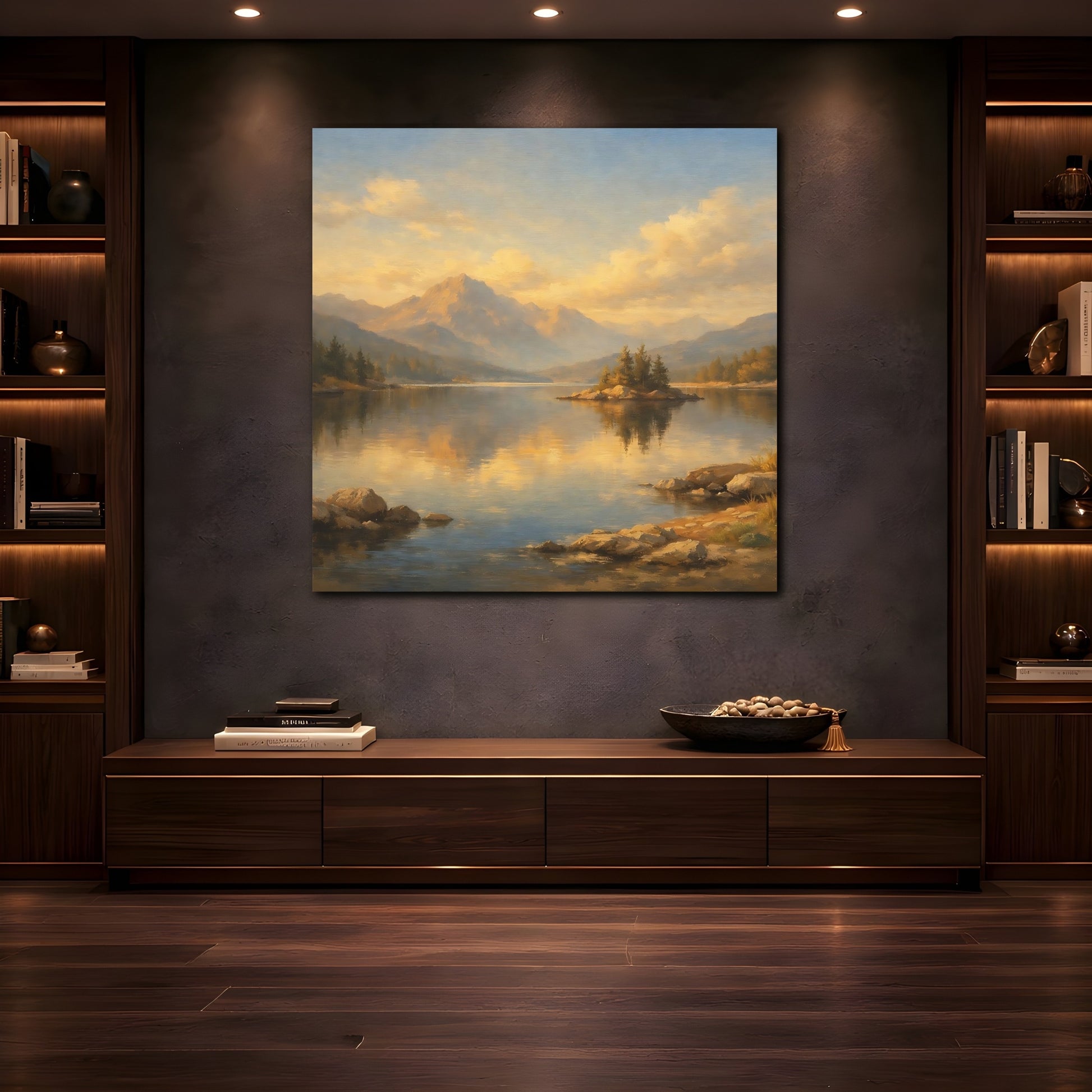 Mockup 4. Nature Mountain Lake Golden Mountain Lake shown as stretched canvas wall art
