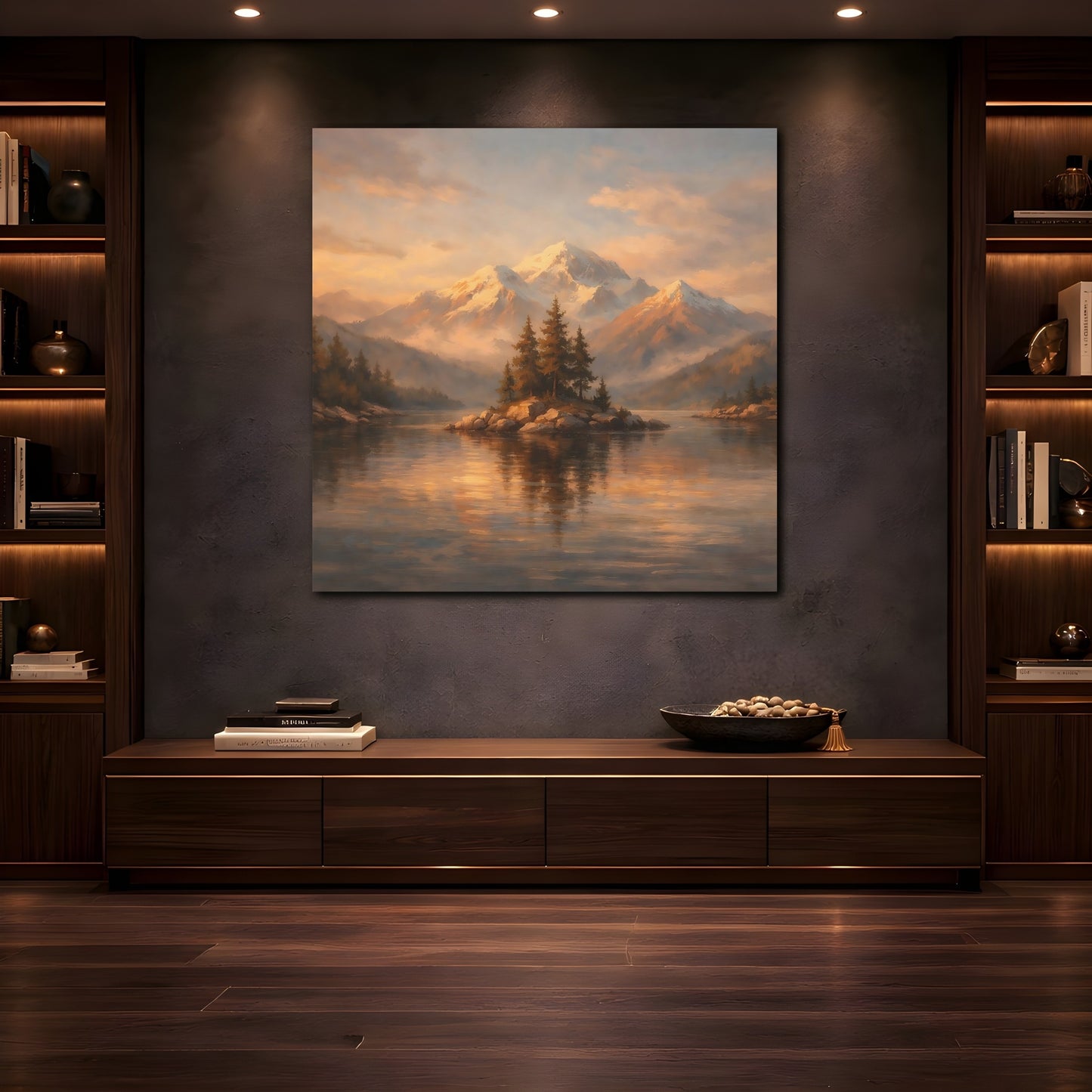 Mockup 4. Nature Mountain Lake Golden Mountain Lake shown as stretched canvas wall art