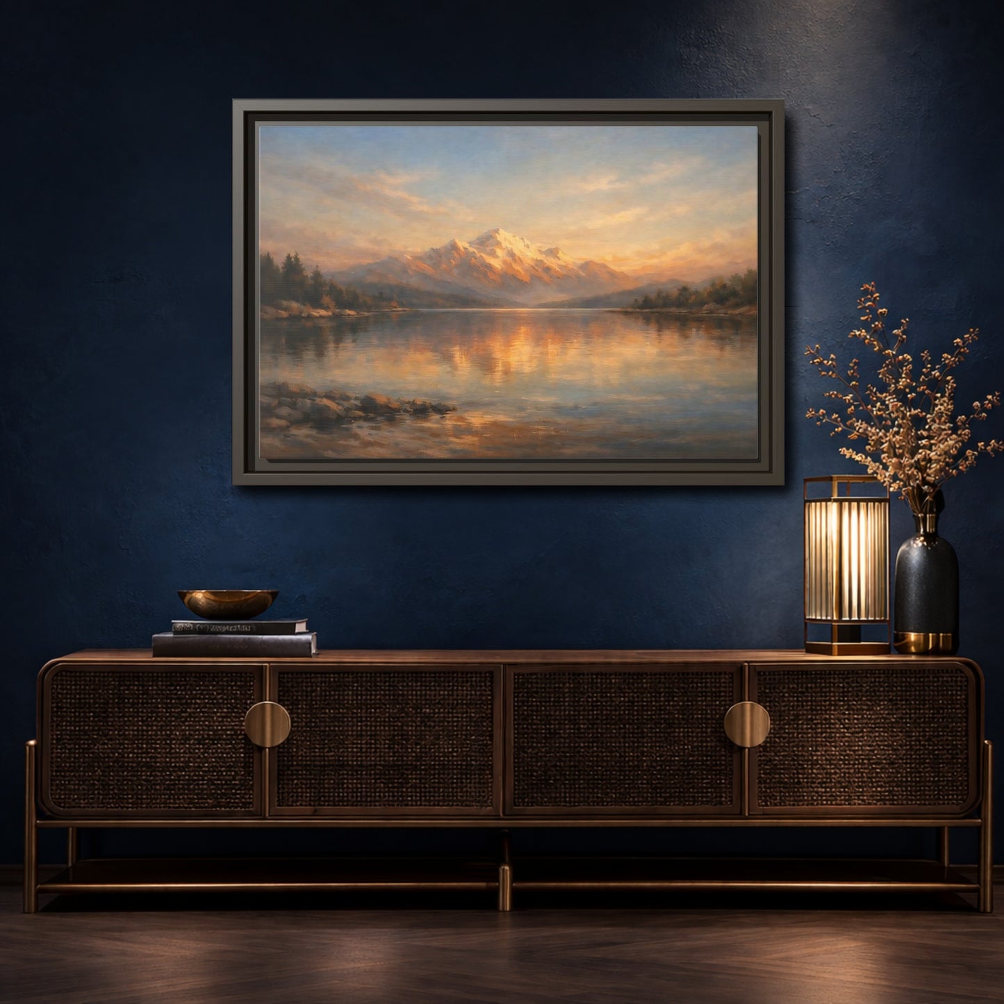 Mockup 4. Nature Mountain Lake Golden Mountain Lake shown as stretched canvas wall art
