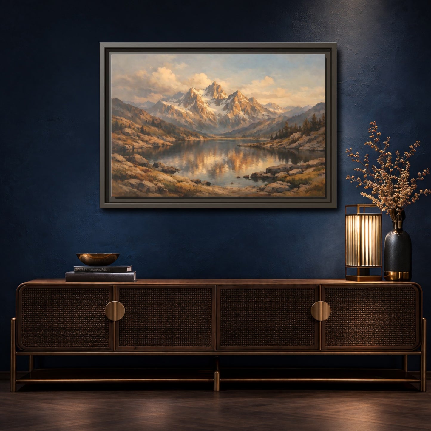 Mockup 4. Nature Mountain Lake Golden Mountain Lake shown as stretched canvas wall art