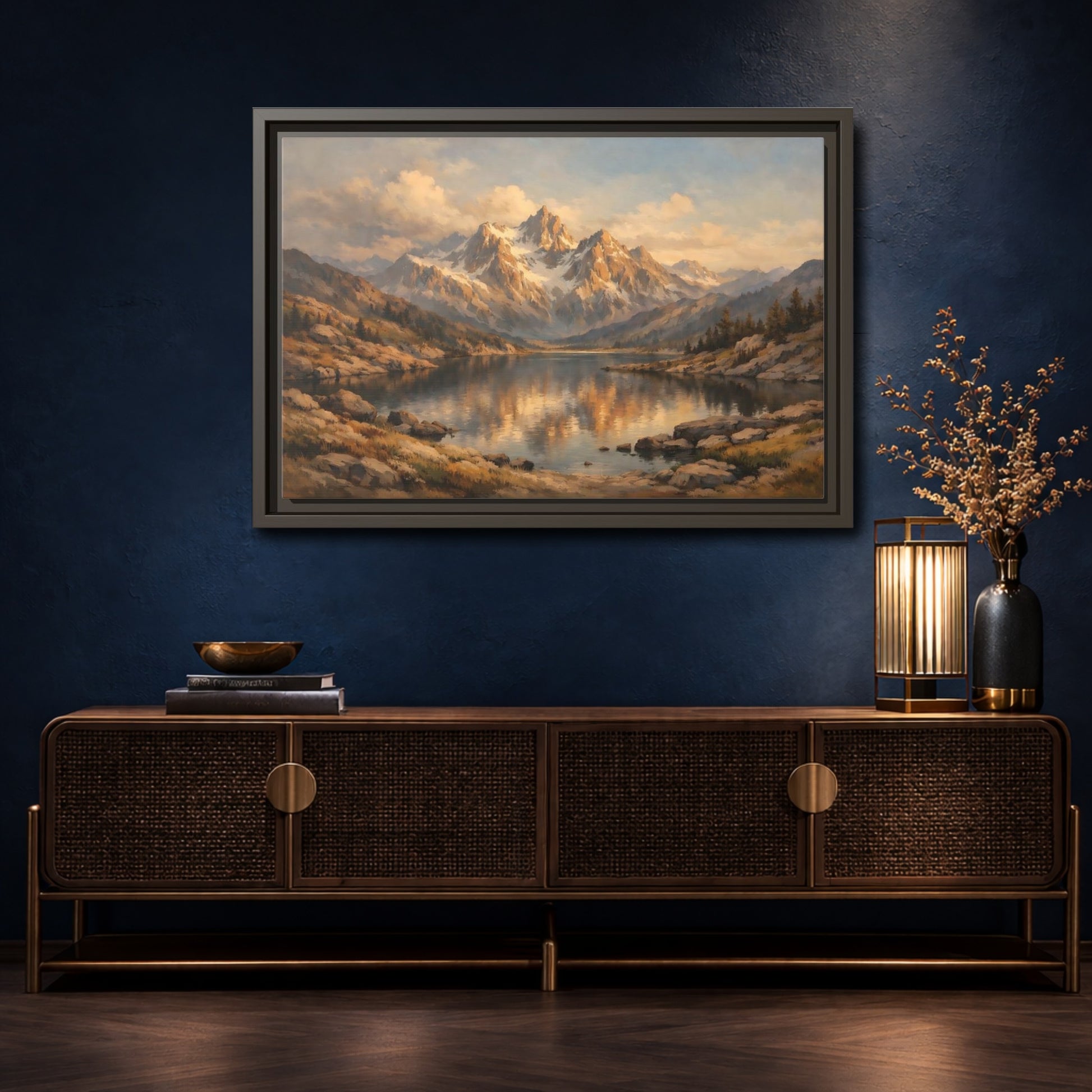 Mockup 4. Nature Mountain Lake Golden Mountain Lake shown as stretched canvas wall art