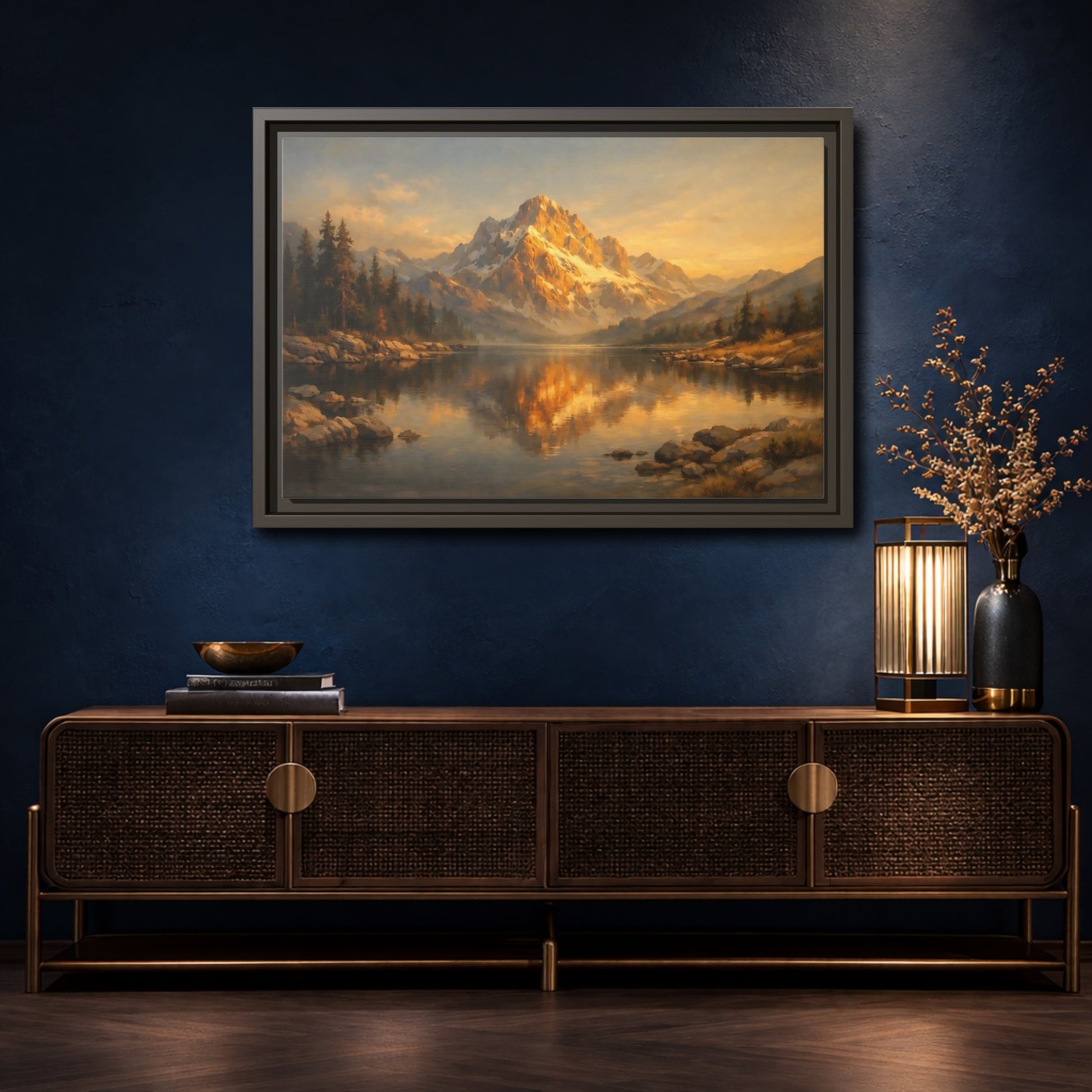 Mockup 4. Nature Mountain Lake Golden Mountain Lake shown as stretched canvas wall art