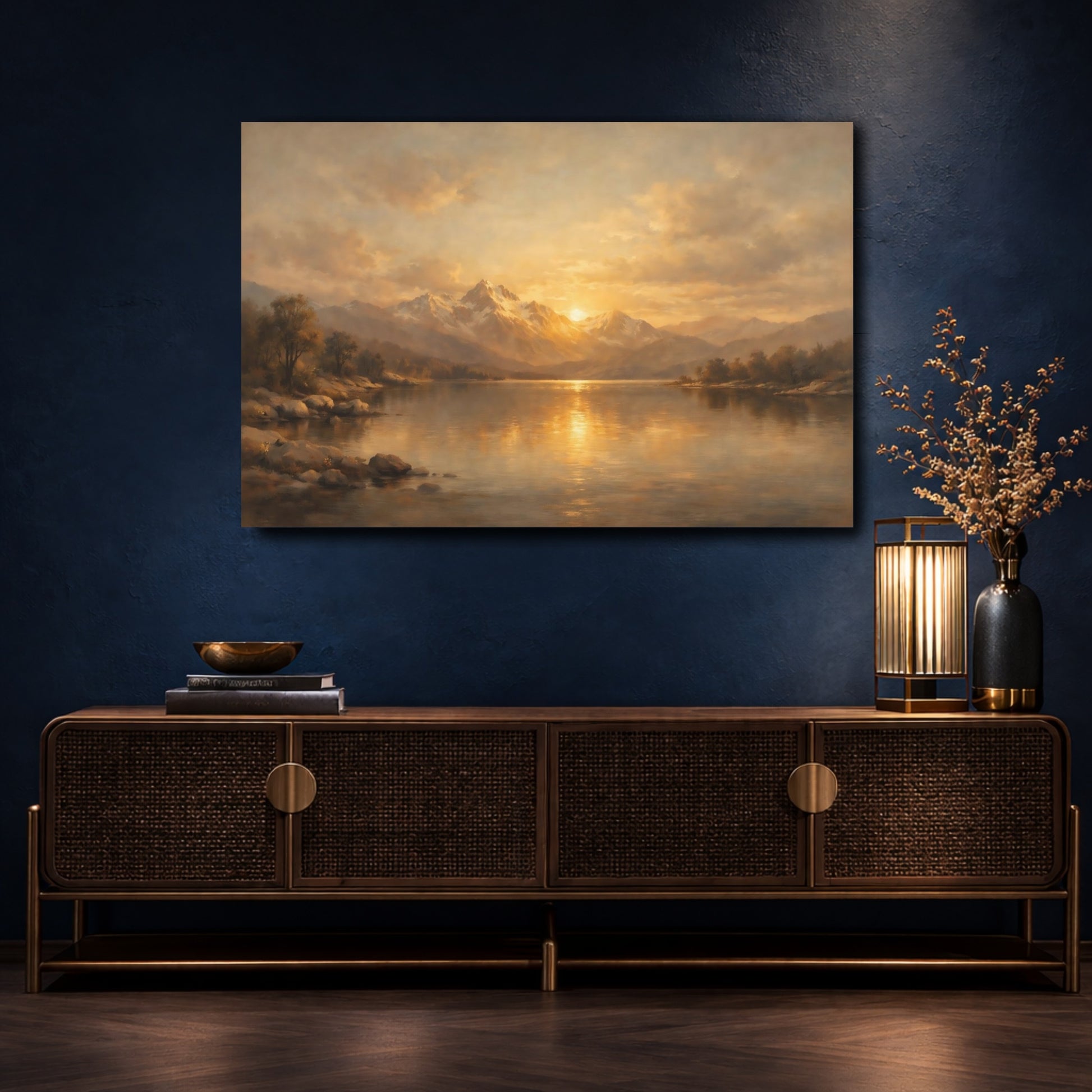 Mockup 4. Nature Mountain Lake Golden Mountain Lake shown as stretched canvas wall art