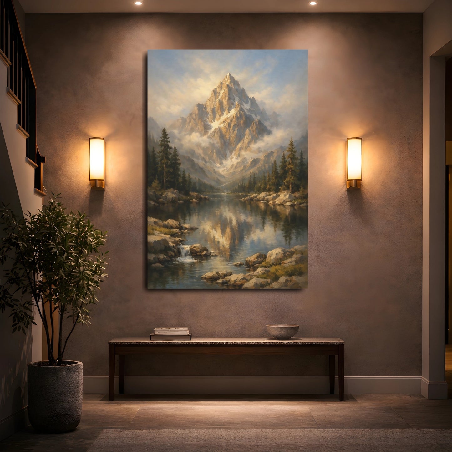 Mockup 4. Nature Mountain Lake Golden Mountain Lake shown as stretched canvas wall art