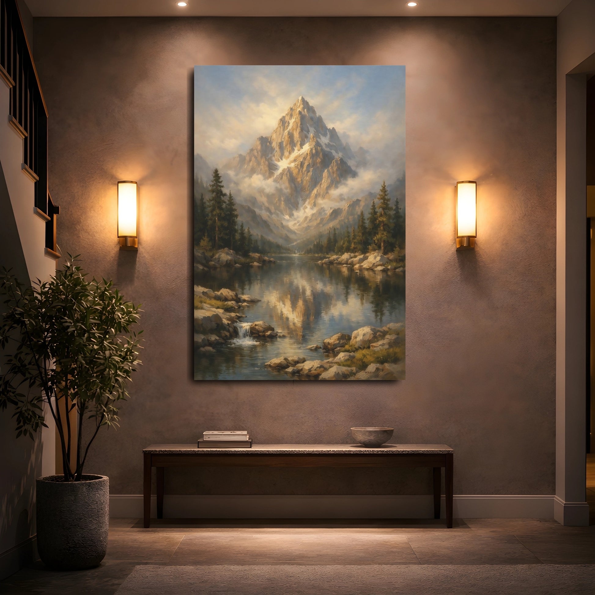 Mockup 4. Nature Mountain Lake Golden Mountain Lake shown as stretched canvas wall art