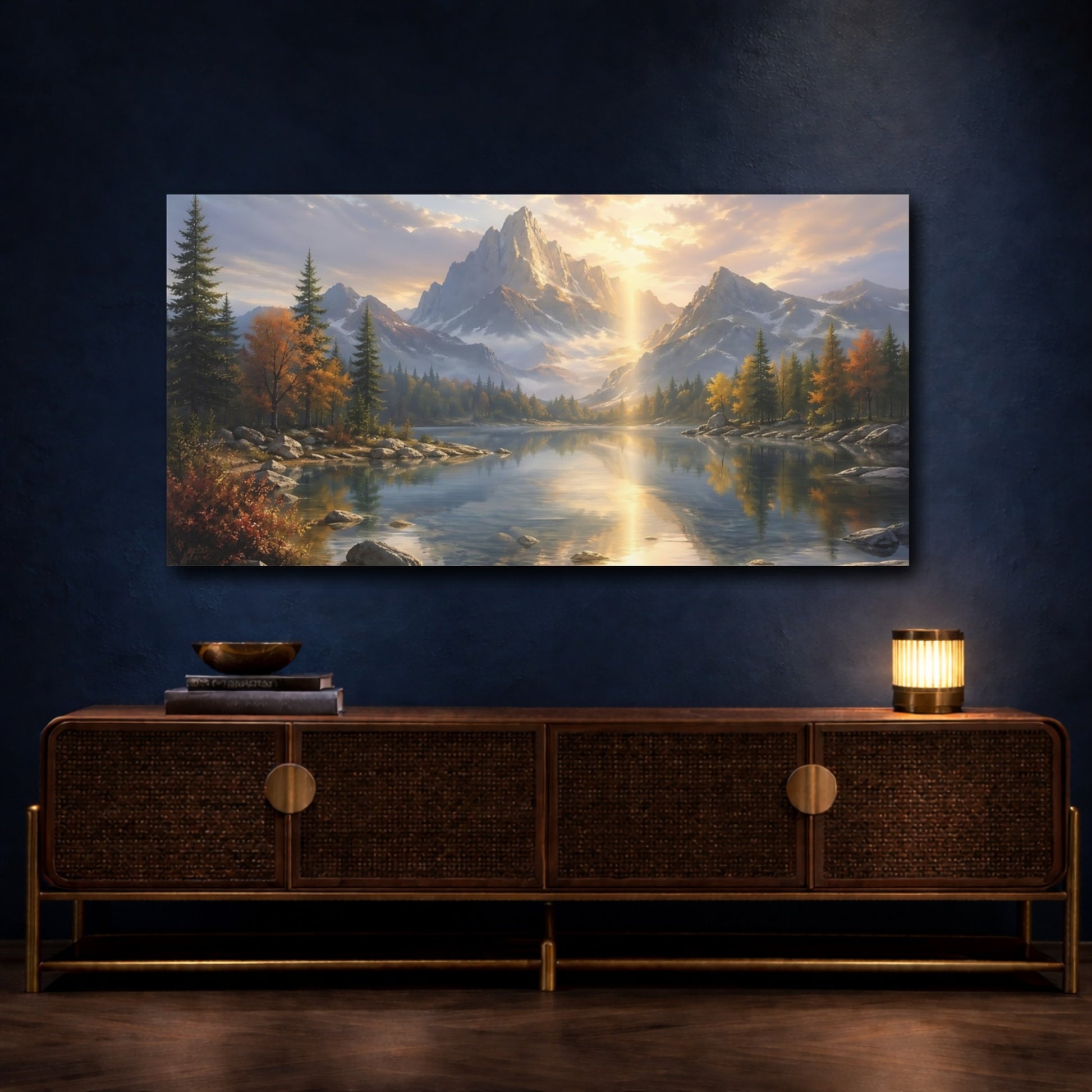 Mockup 4. Nature Mountain Lake Golden Mountain Lake shown as stretched canvas wall art