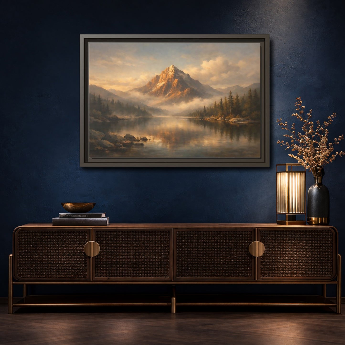 Mockup 4. Nature Mountain Lake Golden Mountain Lake shown as stretched canvas wall art