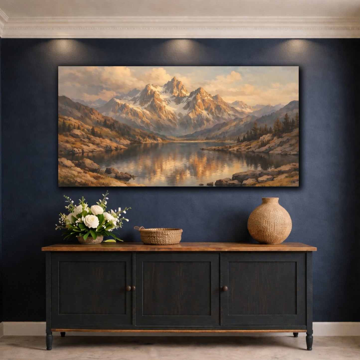 Mockup 4. Nature Mountain Lake Golden Mountain Lake shown as stretched canvas wall art
