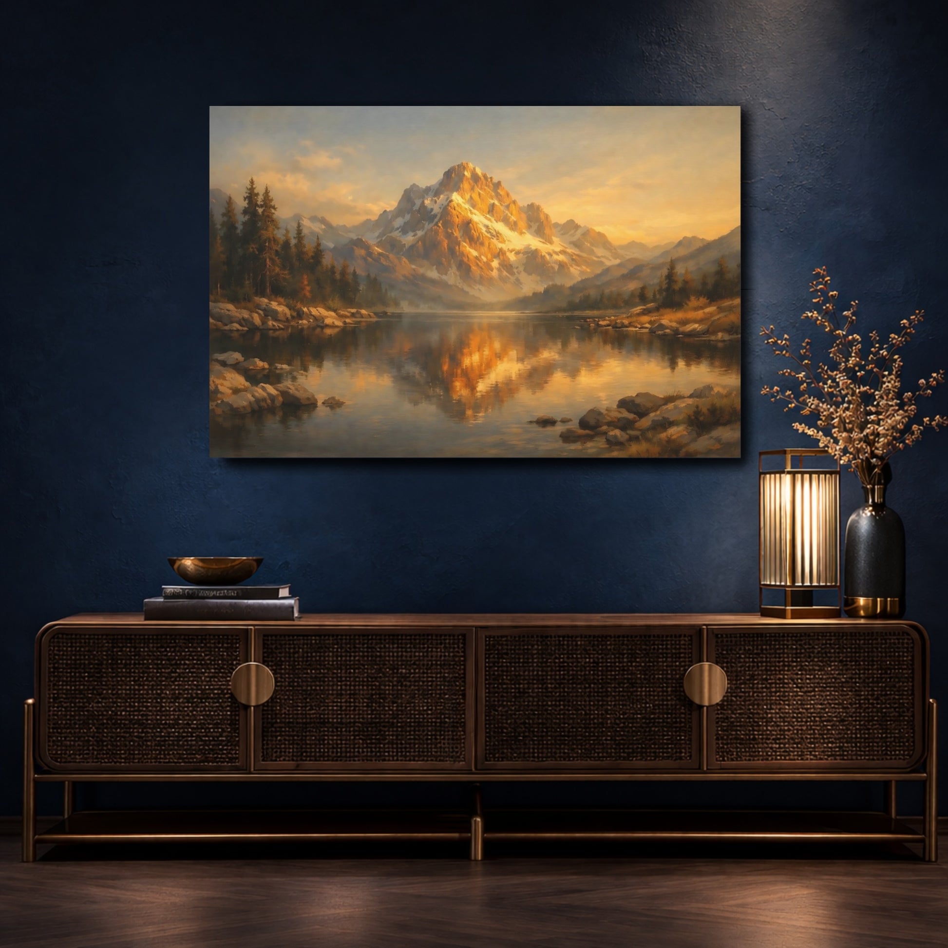 Mockup 4. Nature Mountain Lake Golden Mountain Lake shown as stretched canvas wall art