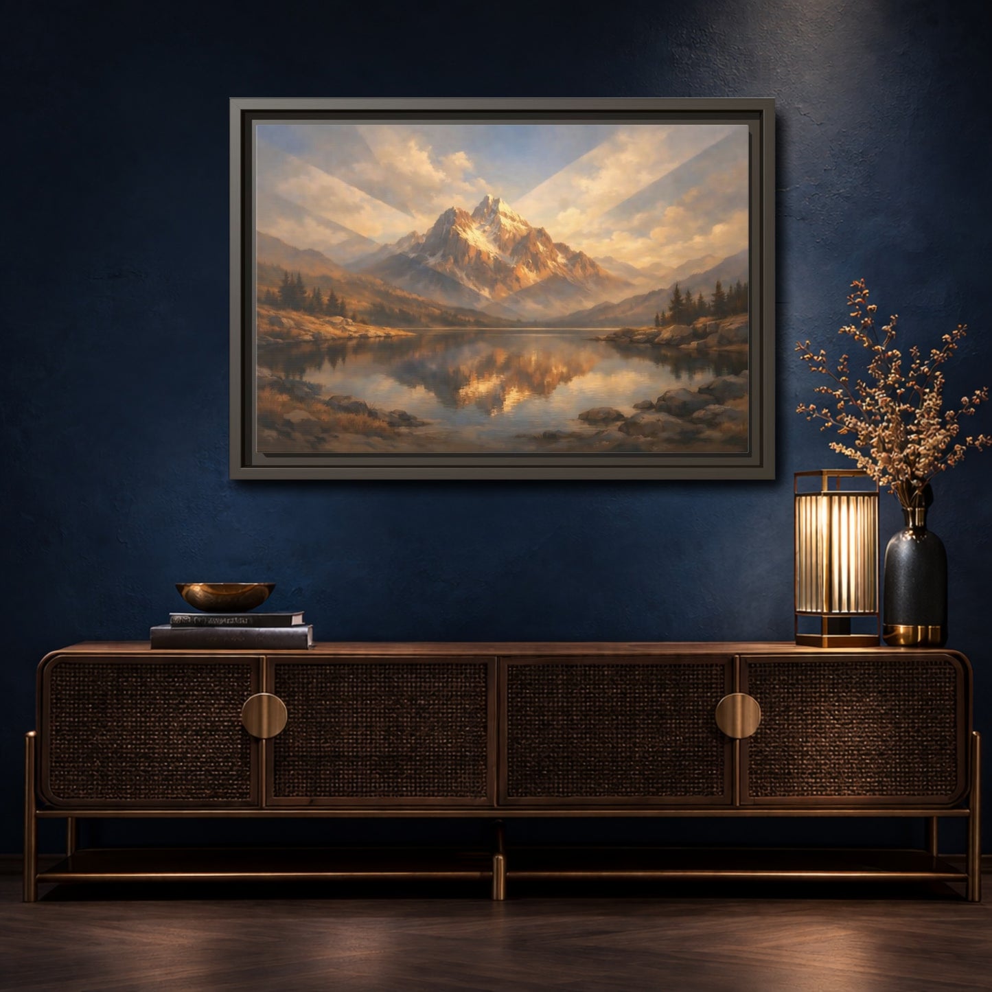 Mockup 4. Nature Mountain Lake Golden Mountain Lake shown as stretched canvas wall art