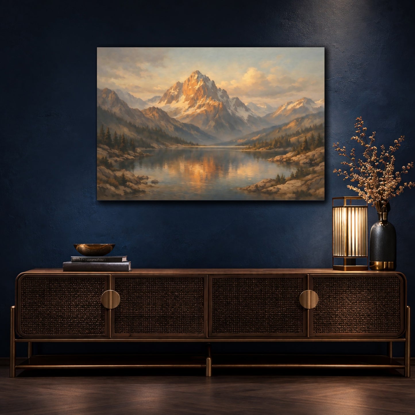 Mockup 4. Nature Mountain Lake Golden Mountain Lake shown as stretched canvas wall art