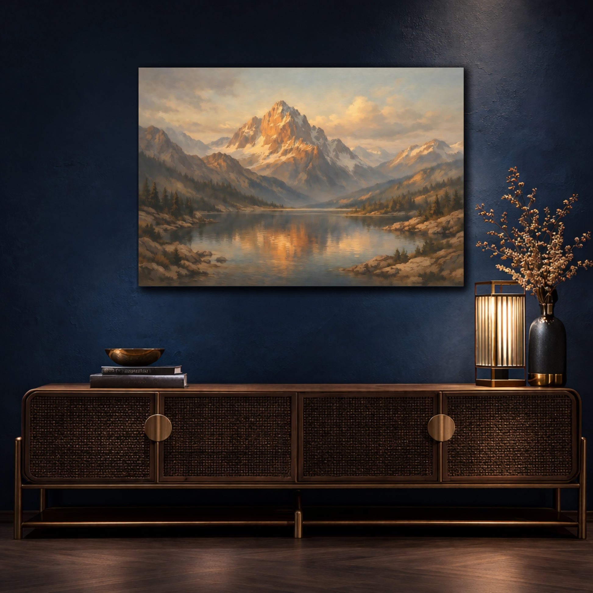 Mockup 4. Nature Mountain Lake Golden Mountain Lake shown as stretched canvas wall art