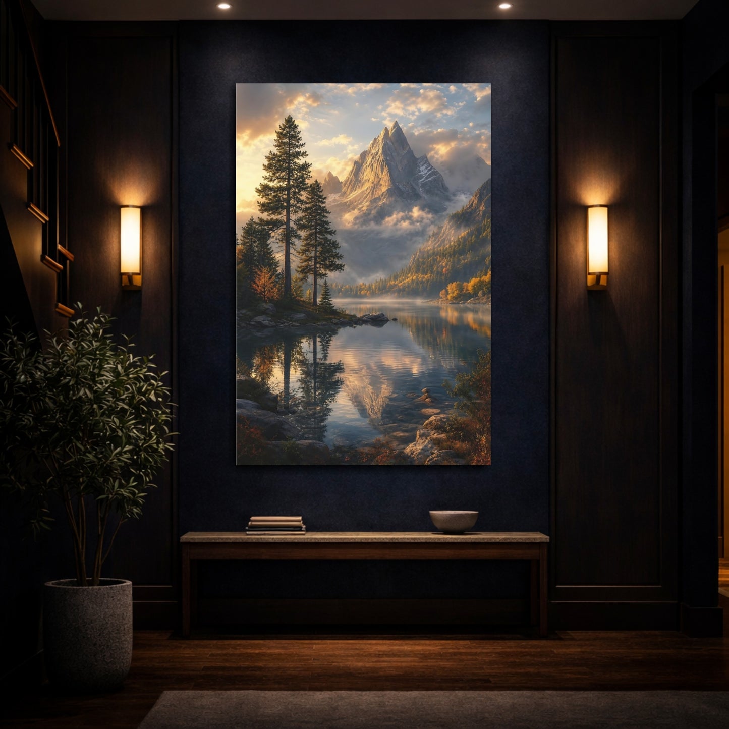 Mockup 4. Nature Mountain Lake Golden Mountain Lake shown as stretched canvas wall art