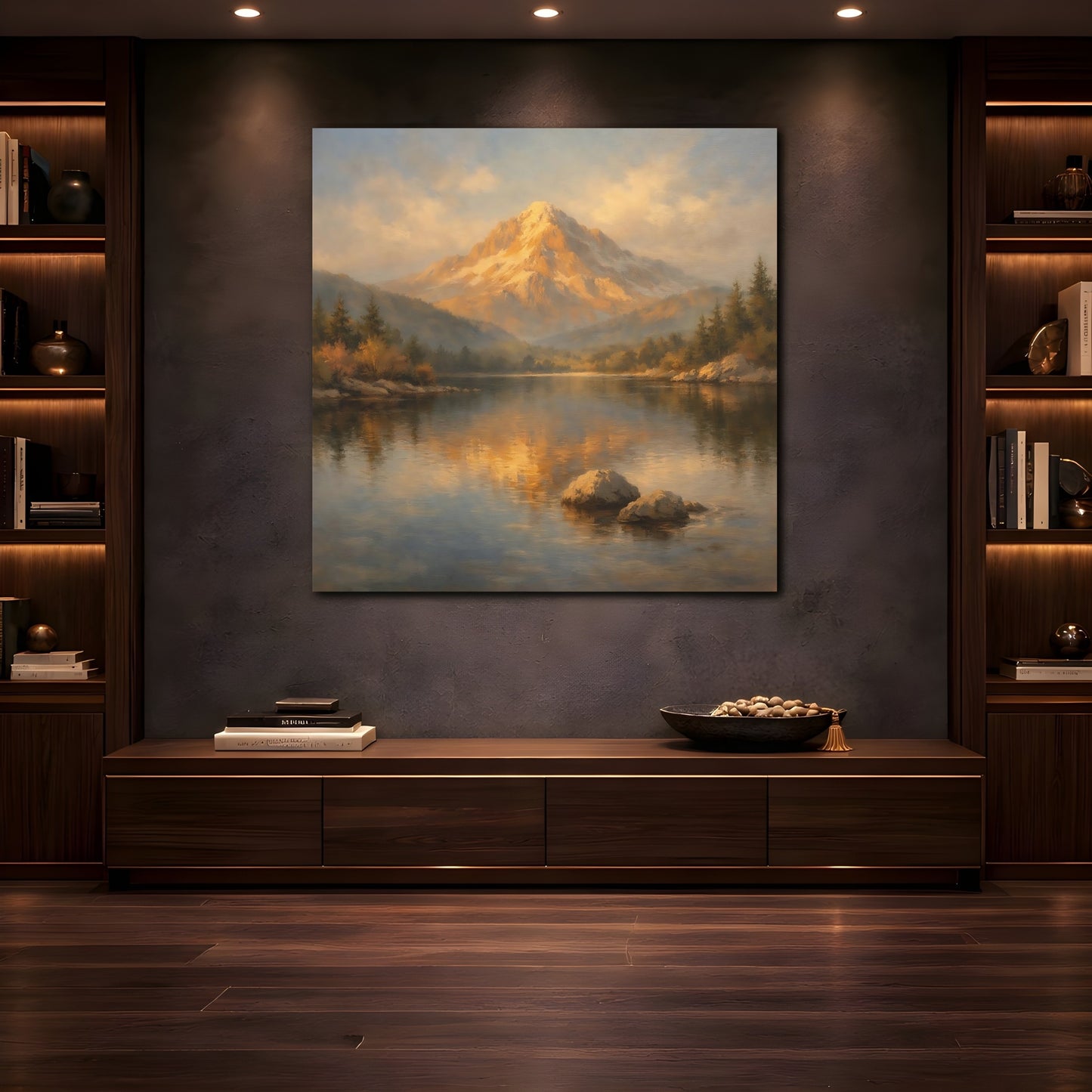 Mockup 4. Nature Mountain Lake Golden Mountain Lake shown as stretched canvas wall art