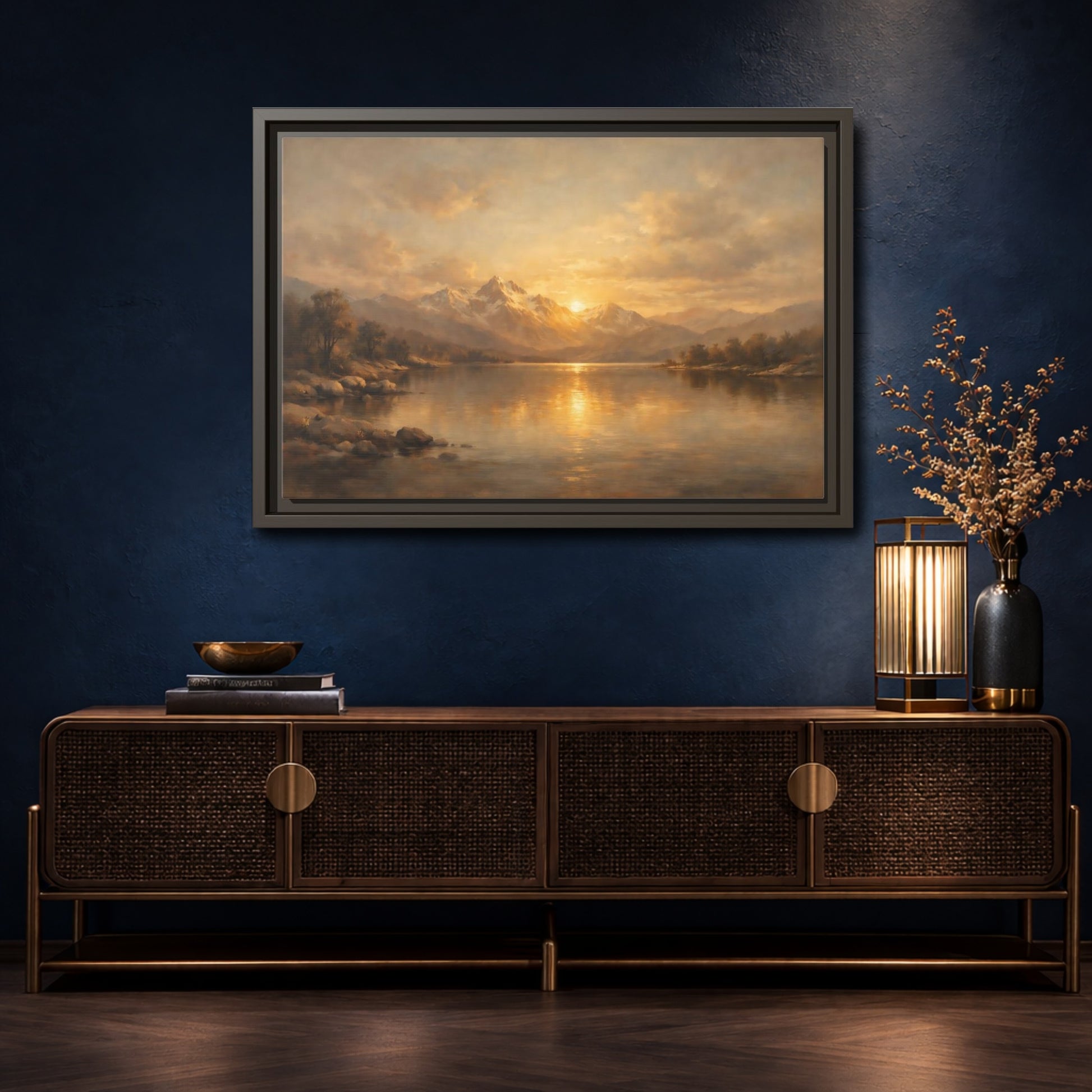 Mockup 4. Nature Mountain Lake Golden Mountain Lake shown as stretched canvas wall art