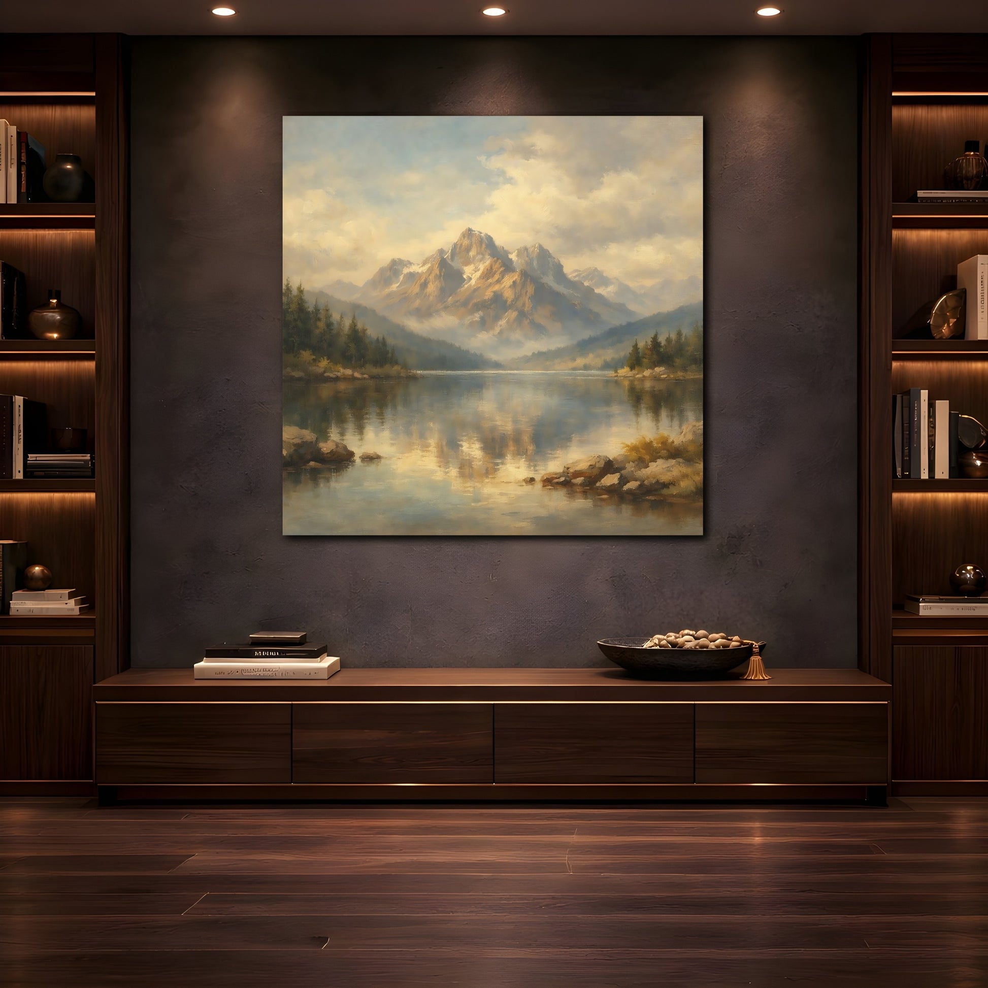Mockup 4. Nature Mountain Lake Golden Mountain Lake shown as stretched canvas wall art