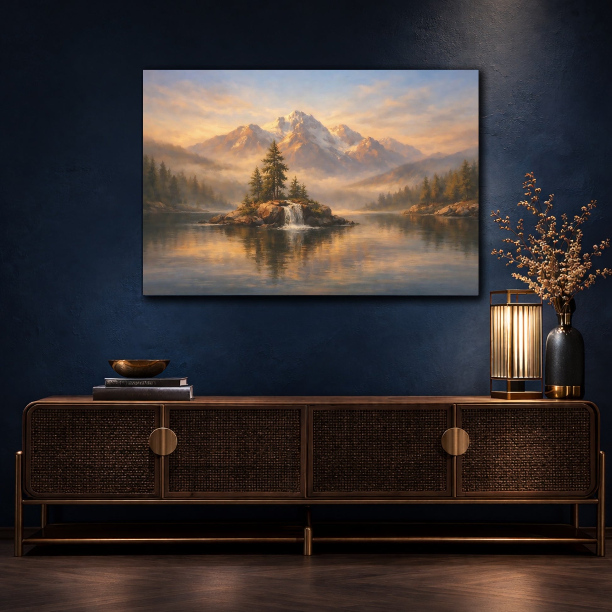 Mockup 4. Nature Mountain Lake Golden Mountain Lake shown as stretched canvas wall art