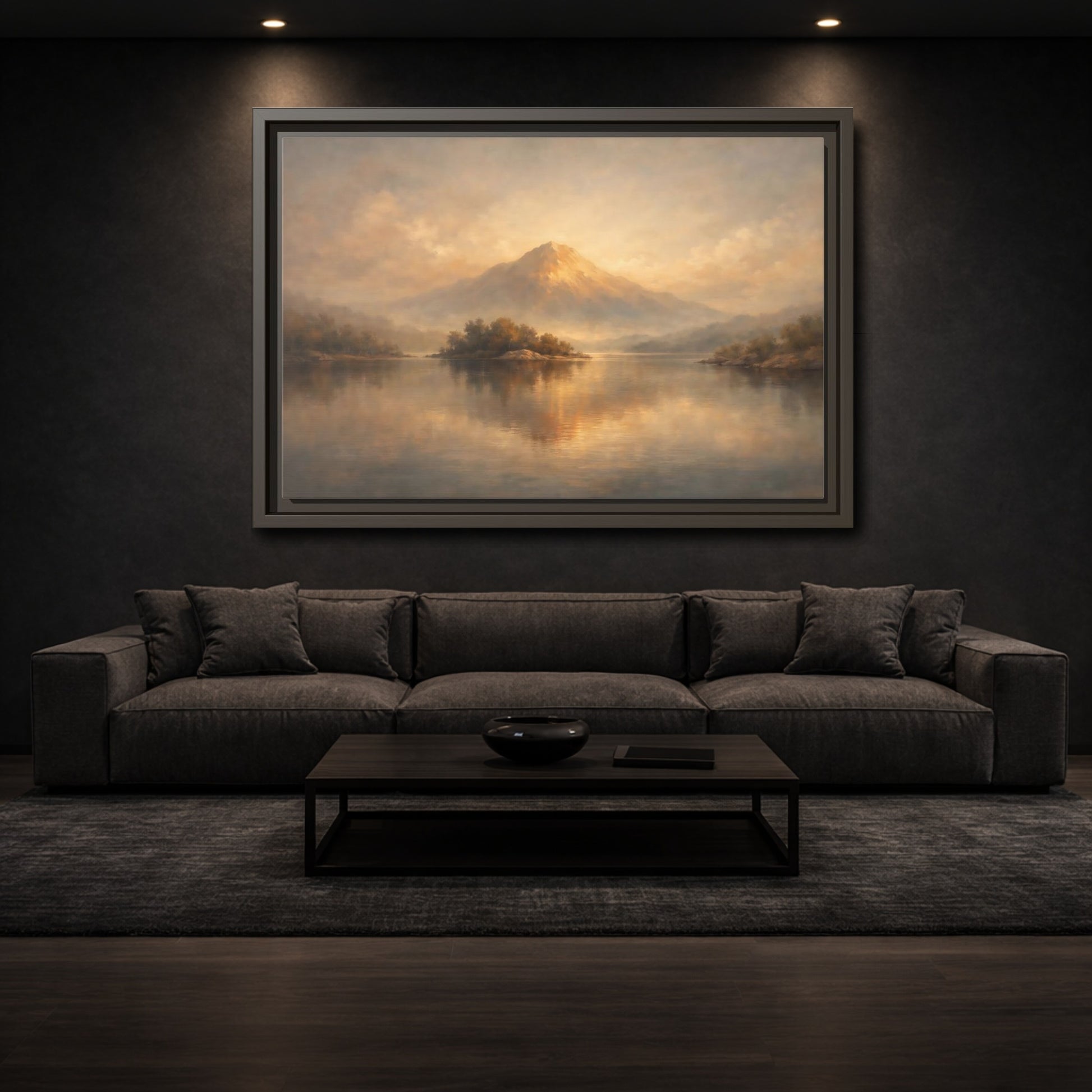 Mockup 2. Nature Mountain Lake Golden Mountain Landscape shown as stretched canvas wall art
