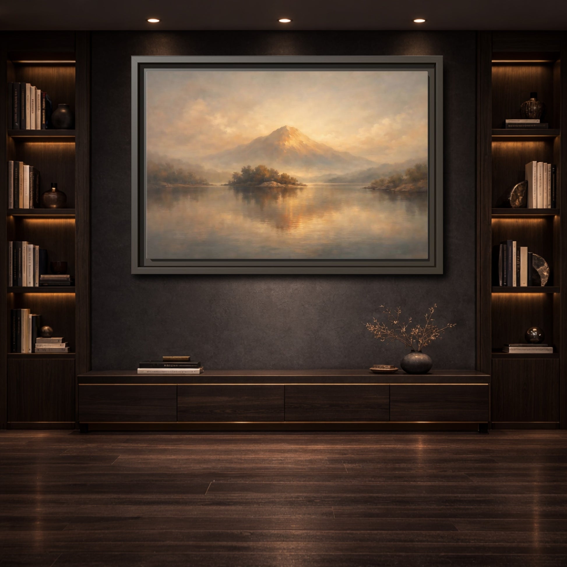 Mockup 3. Nature Mountain Lake Golden Mountain Landscape shown as stretched canvas wall art