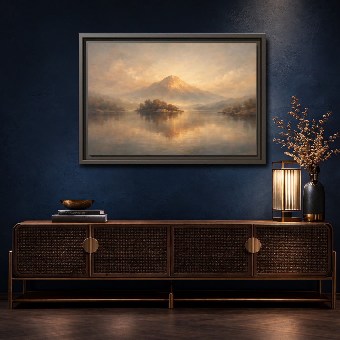 Mockup 4. Nature Mountain Lake Golden Mountain Landscape shown as stretched canvas wall art