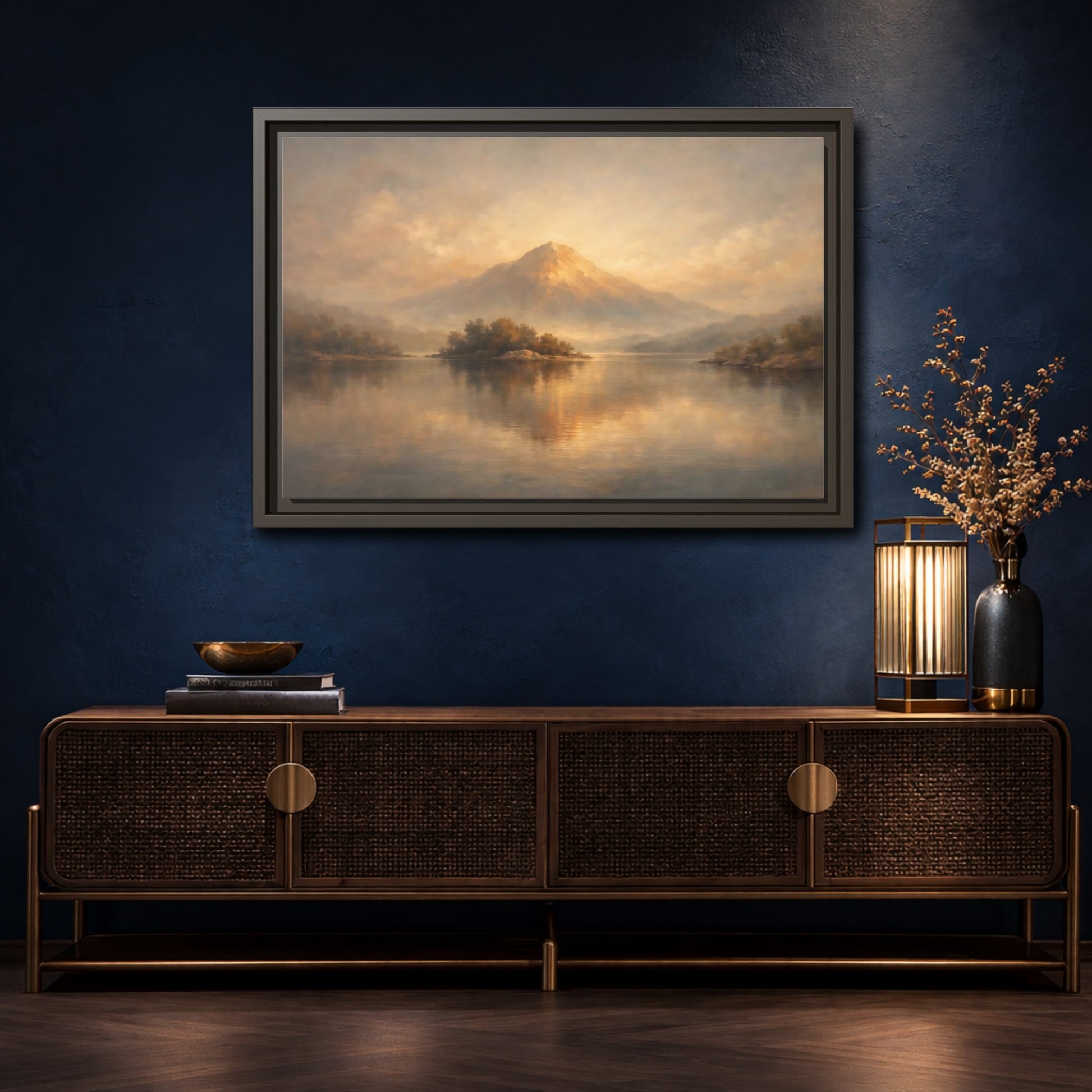 Mockup 4. Nature Mountain Lake Golden Mountain Landscape shown as stretched canvas wall art