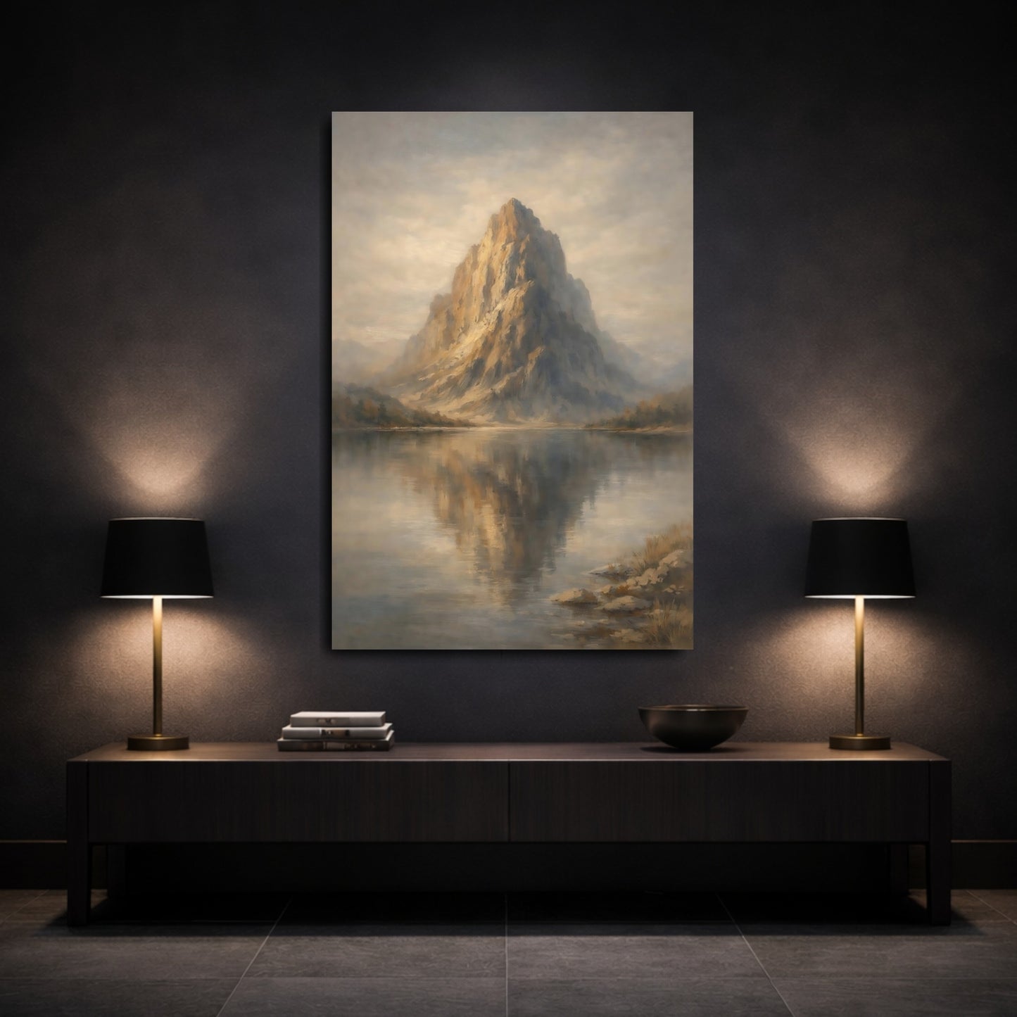 Mockup 2. Nature Mountain Lake Golden Mountain shown as stretched canvas wall art