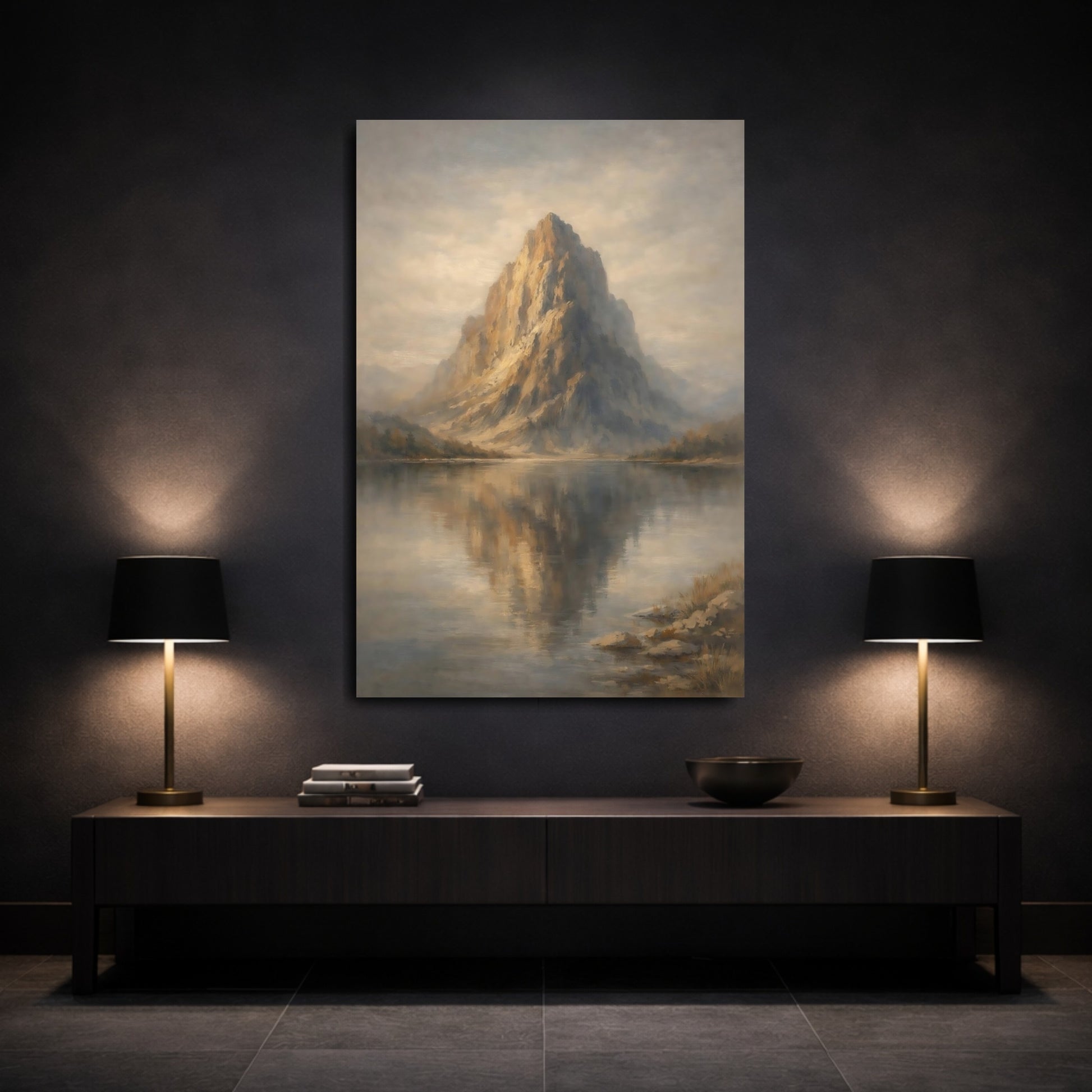 Mockup 2. Nature Mountain Lake Golden Mountain shown as stretched canvas wall art