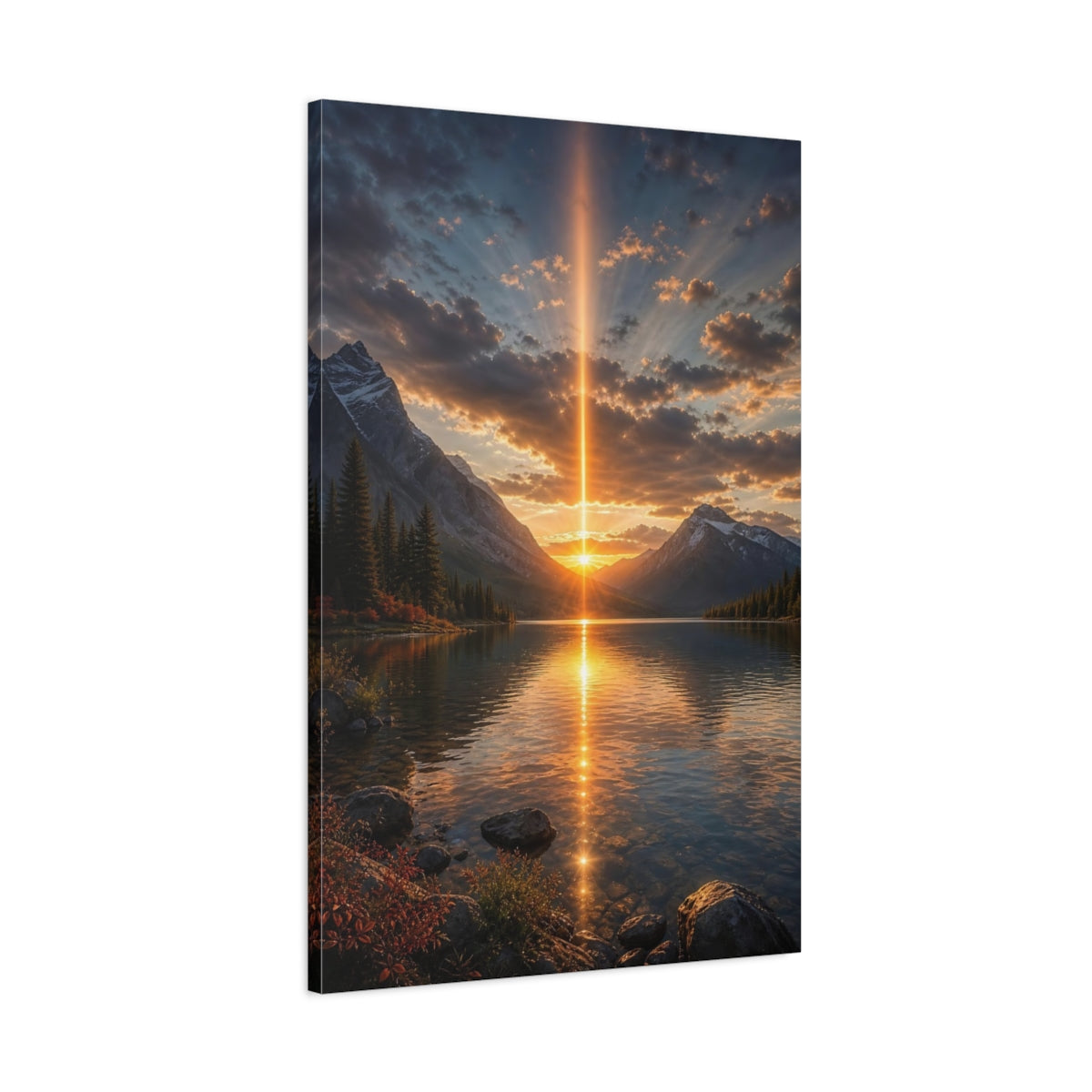 Main Mockup. Nature Mountain Lake Golden Mountain Sunset shown as stretched canvas wall art