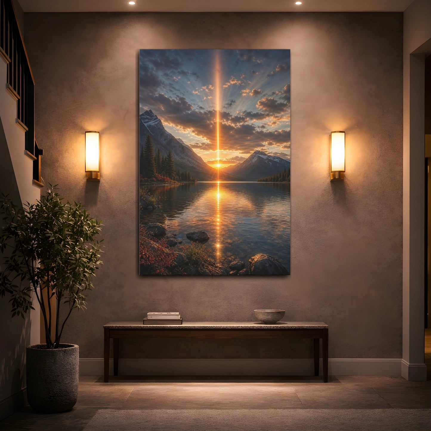 Mockup 2. Nature Mountain Lake Golden Mountain Sunset shown as stretched canvas wall art