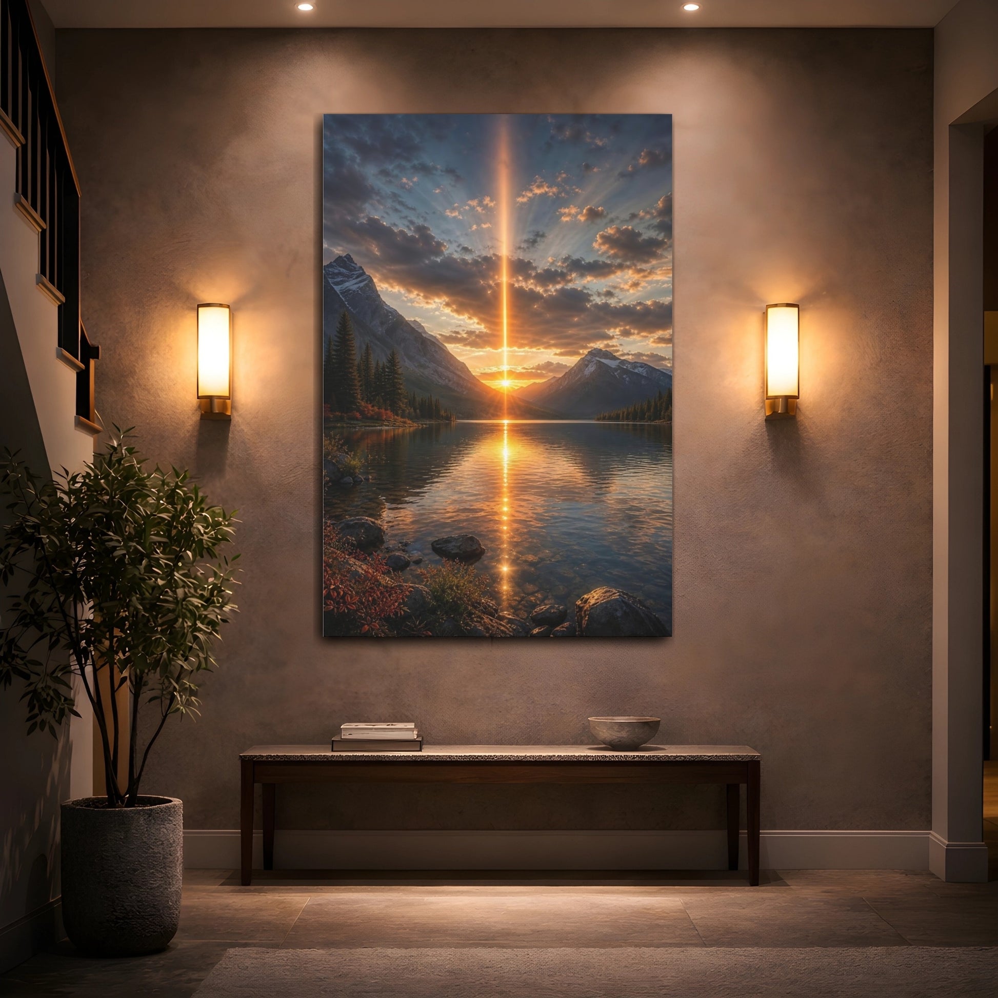 Mockup 2. Nature Mountain Lake Golden Mountain Sunset shown as stretched canvas wall art