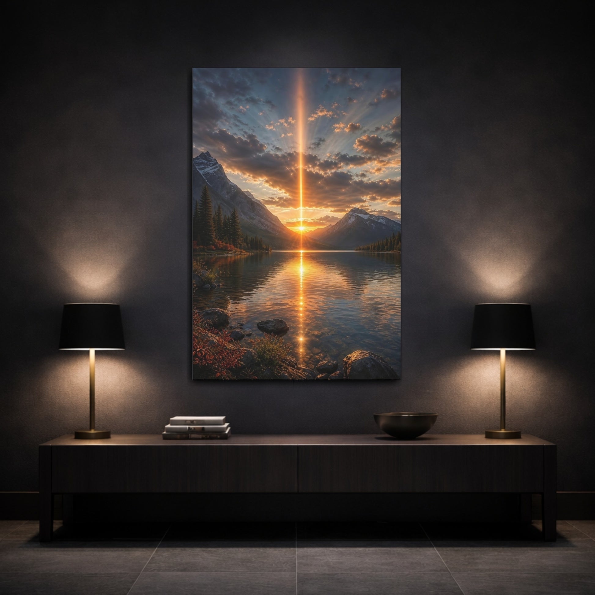Mockup 3. Nature Mountain Lake Golden Mountain Sunset shown as stretched canvas wall art