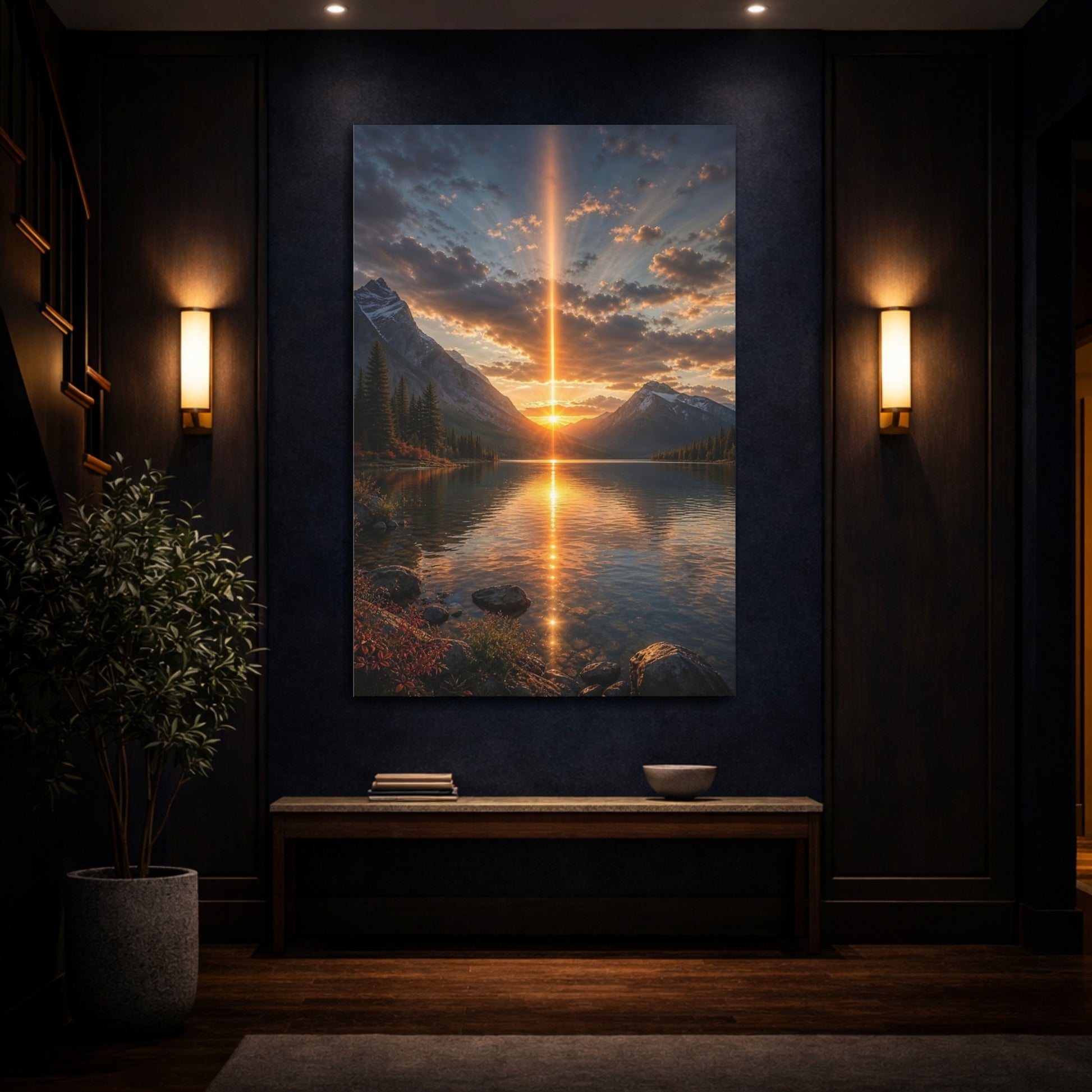 Mockup 4. Nature Mountain Lake Golden Mountain Sunset shown as stretched canvas wall art