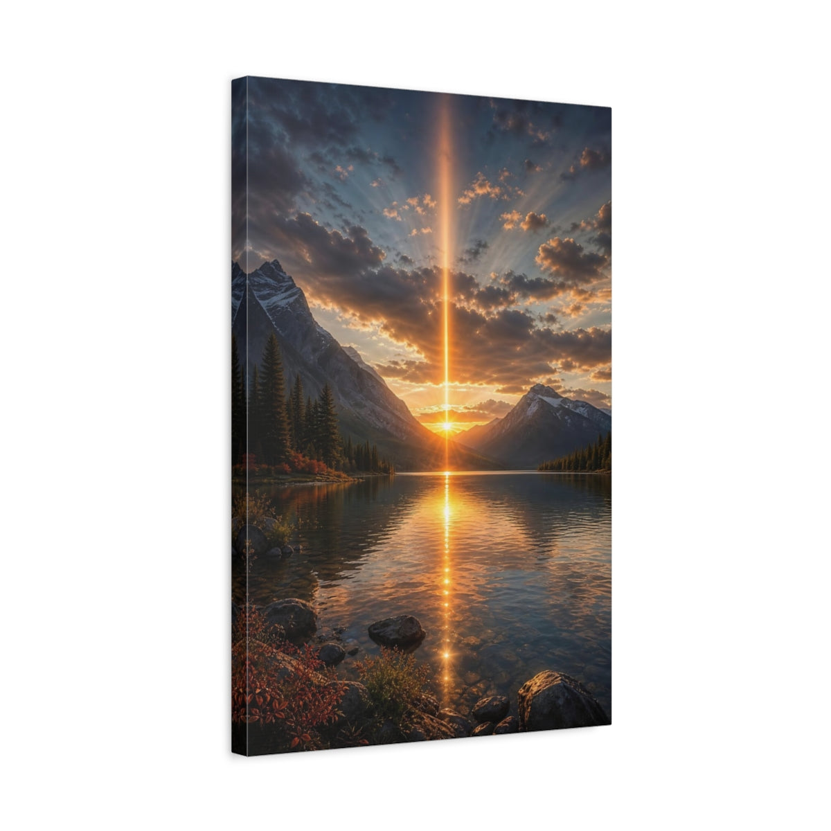 Side Mockup 3. Nature Mountain Lake Golden Mountain Sunset shown as stretched canvas wall art