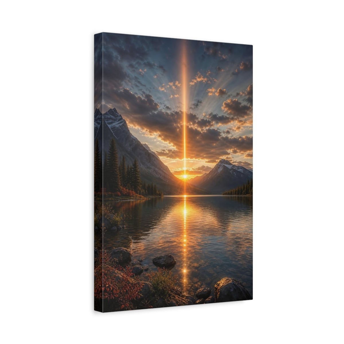 Side Mockup 4. Nature Mountain Lake Golden Mountain Sunset shown as stretched canvas wall art