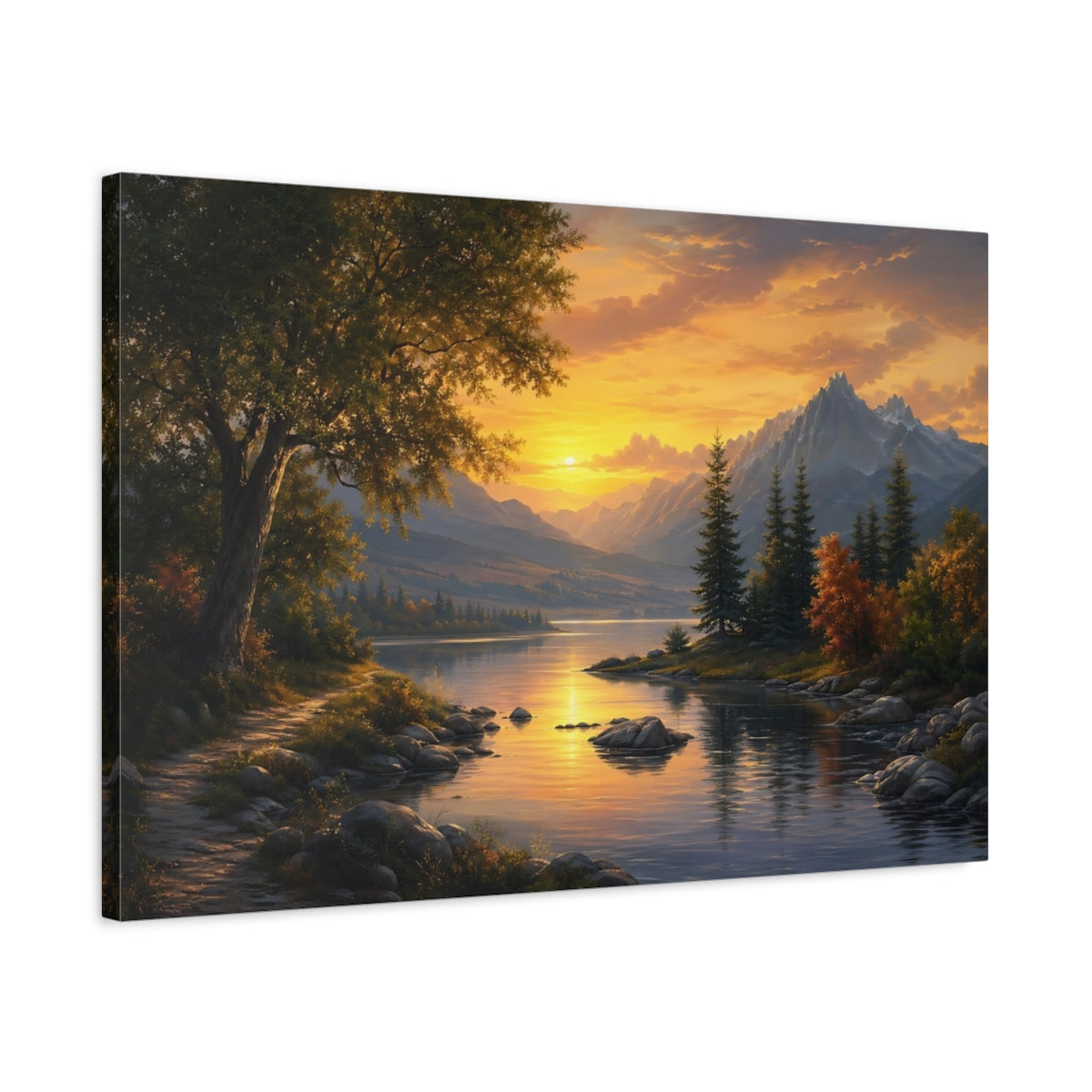 Side Mockup 2. Nature Mountain Lake Golden Sunset Lake shown as stretched canvas wall art